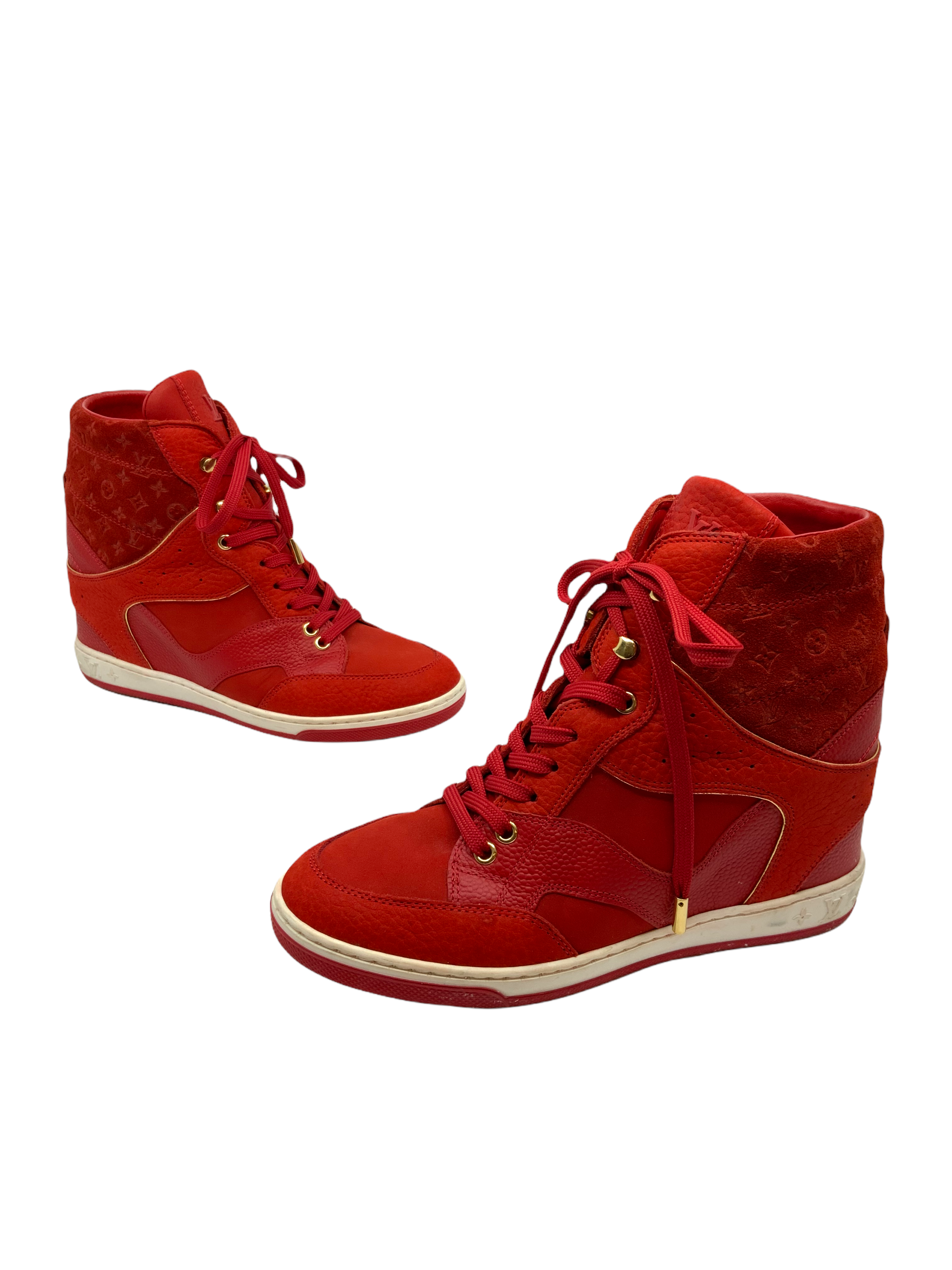 Louis Vuitton Monogram Embossed Suede Cliff Top Wedge Sneakers Women's Size 7 - Fashionable Comfort for Casual Outings & Street Style