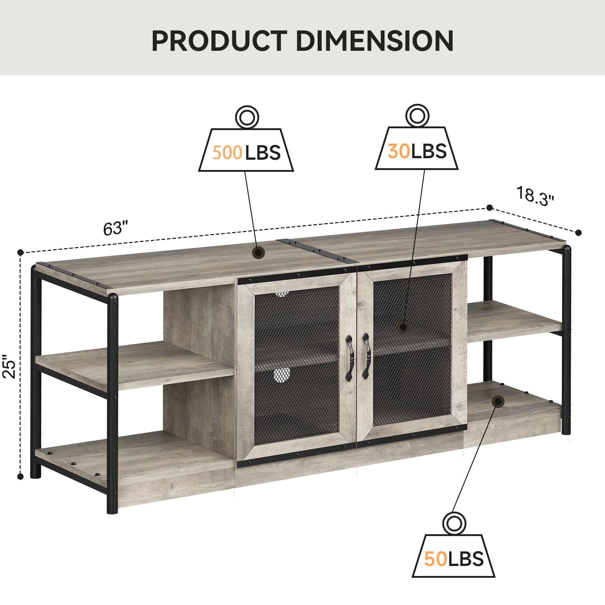IDEALHOUSE 65 Inch TV Stand with Storage Cabinet - Farmhouse Style Entertainment Center with Mesh Doors, Industrial TV Media Console for Living Room - Rustic Grey Home Theater Furniture for Movie Nights & Family Gatherings