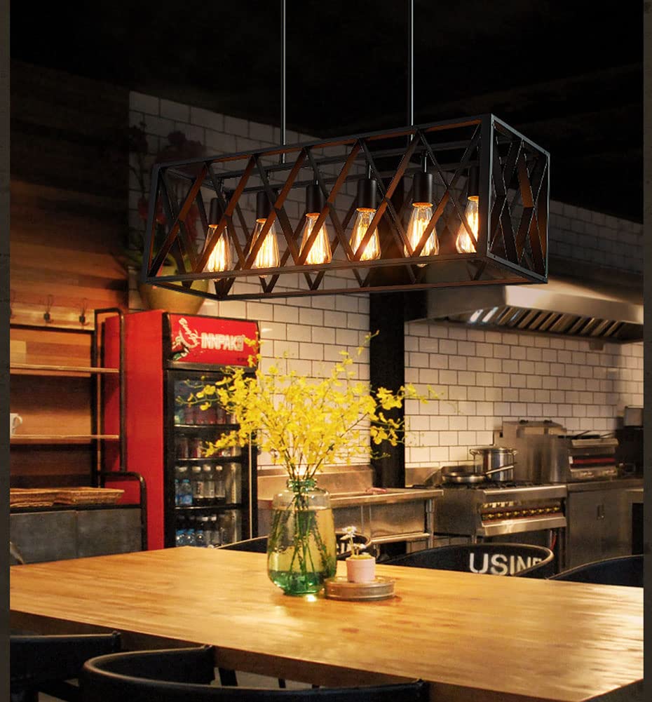 6-Light Modern Farmhouse Chandelier - Industrial Black Rectangular Pendant Light Fixture for Dining Room, Kitchen, Living Room & Bar | Rustic Ceiling Lighting for Home Decor & Commercial Spaces