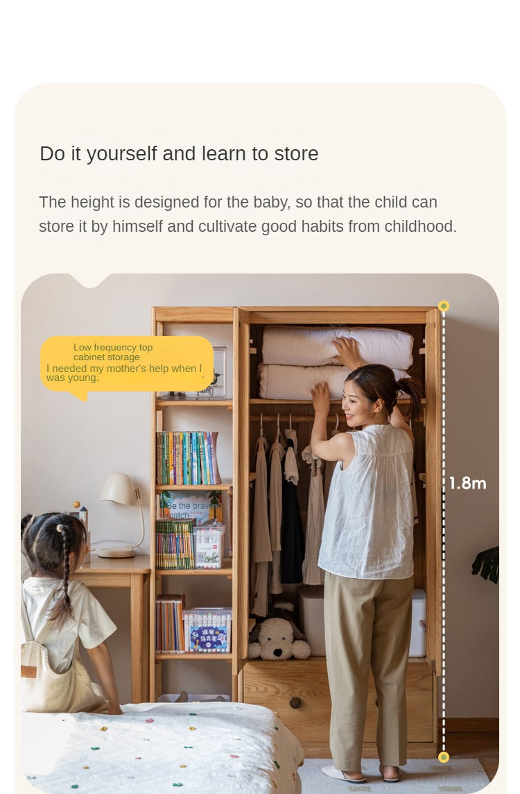 Premium Oak Solid Wood Kids Wardrobe - Multi-Functional Storage Organizer for Clothes, Toys & Books - Perfect for Bedroom, Nursery & Playroom Organization
