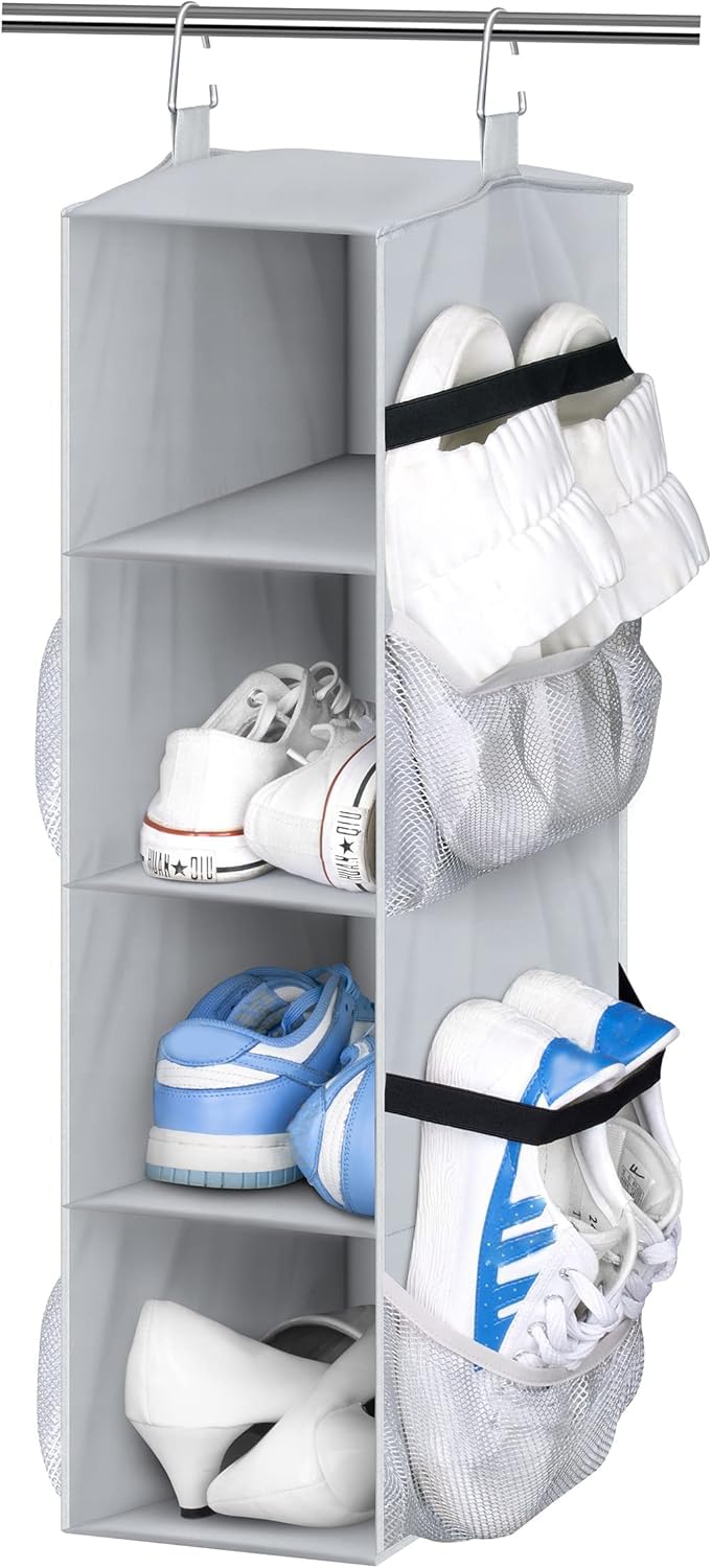 Sleeping Lamb Hanging Shoe Organizer for Closet - 8 Pair Capacity with Mesh Pockets | Space-Saving Shoe Rack for RV, Camper & Home Organization | Grey Closet Storage Solution (Perfect for Small Spaces & Travel)