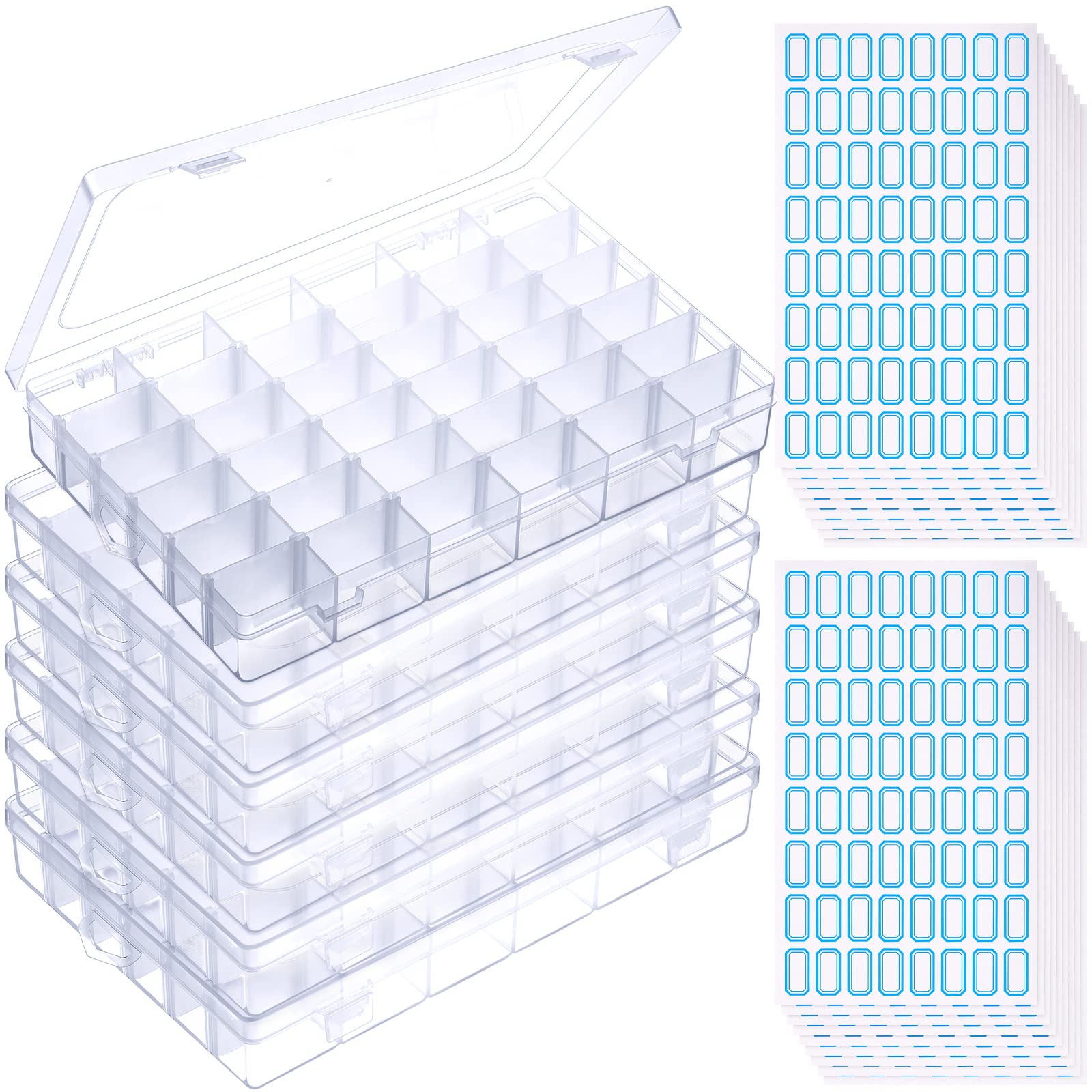 6 Pack 36 Grids Clear Plastic Organizer Box with Adjustable Dividers - Jewelry Beads Storage Container for DIY Crafts, Fishing Tackles, Office Supplies & Small Parts - Includes 50 Label Stickers - Perfect for Craft Rooms, Workbenches & Home Organization