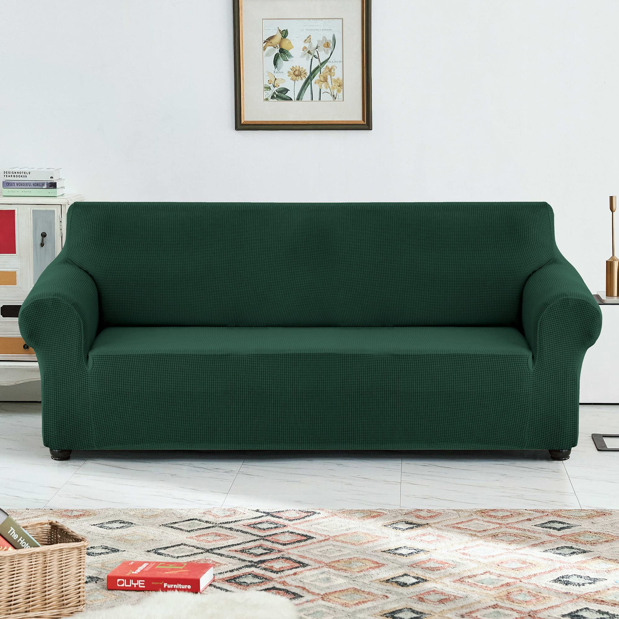 Stretch Sofa Slipcover - Waterproof Couch Cover, Soft Elastic Furniture Protector for Pets & Kids - Dark Green Medium Size - Perfect for Living Room, Family Room & Pet-Friendly Homes