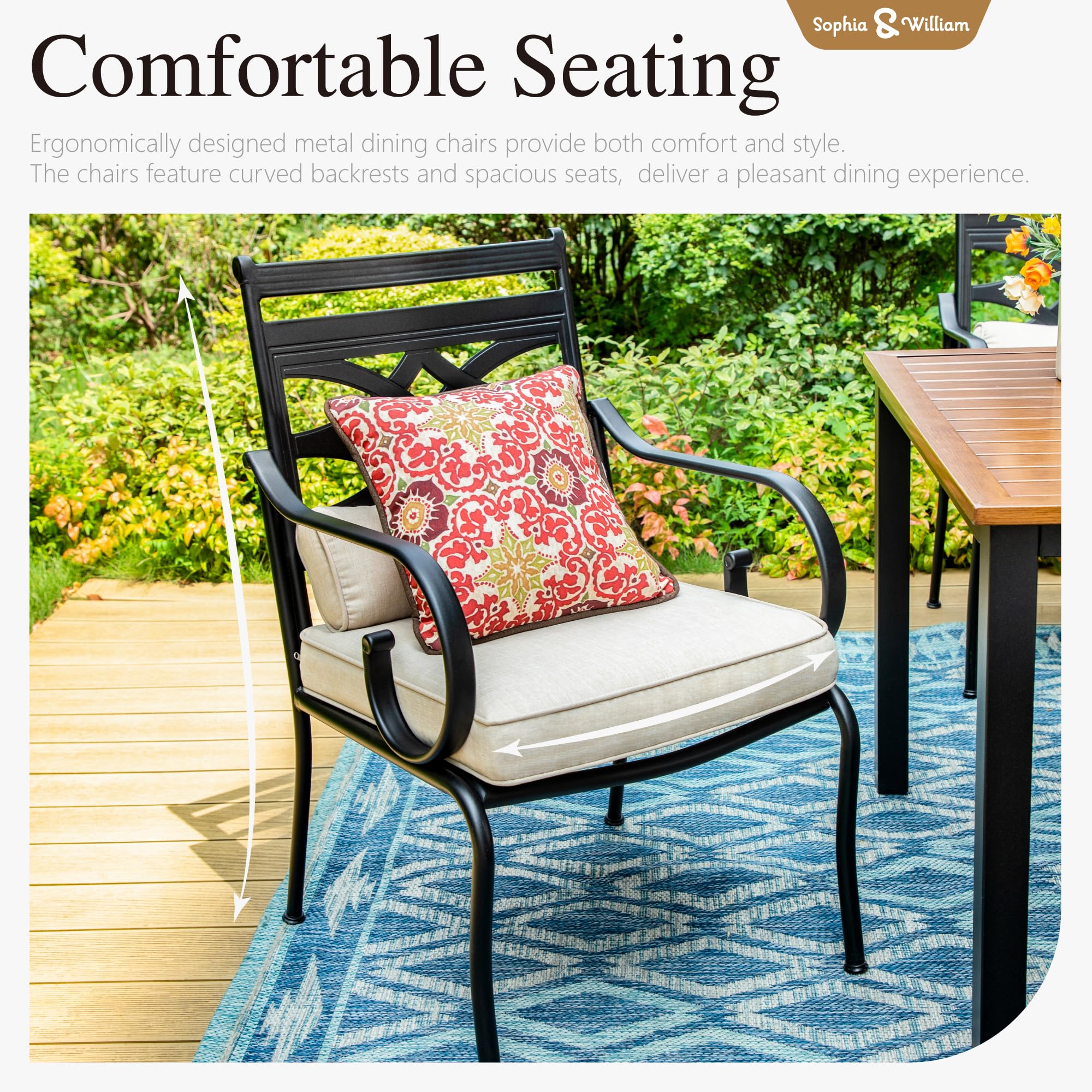 Sophia & William 6-Piece Outdoor Patio Dining Set with 60-Inch Black Table & Chairs | Removable Cushions | Perfect for Backyard BBQs, Garden Parties & Poolside Dining
