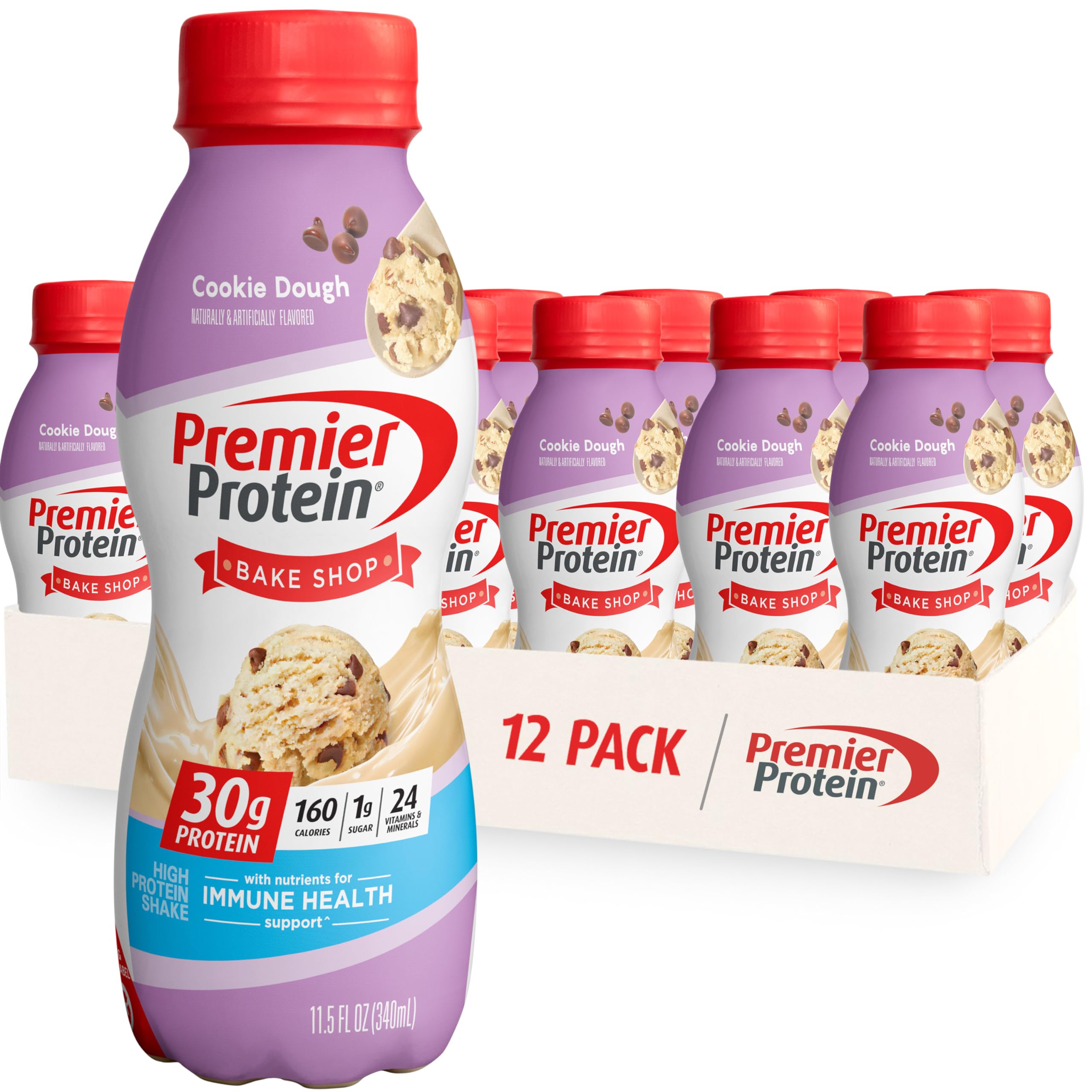 Premier Protein Shake - Cookie Dough Flavor, 30g Protein, 1g Sugar, 24 Vitamins & Minerals for Immune Support, 11.5 fl oz (12 Pack) | Post-Workout Recovery, Meal Replacement & On-the-Go Nutrition