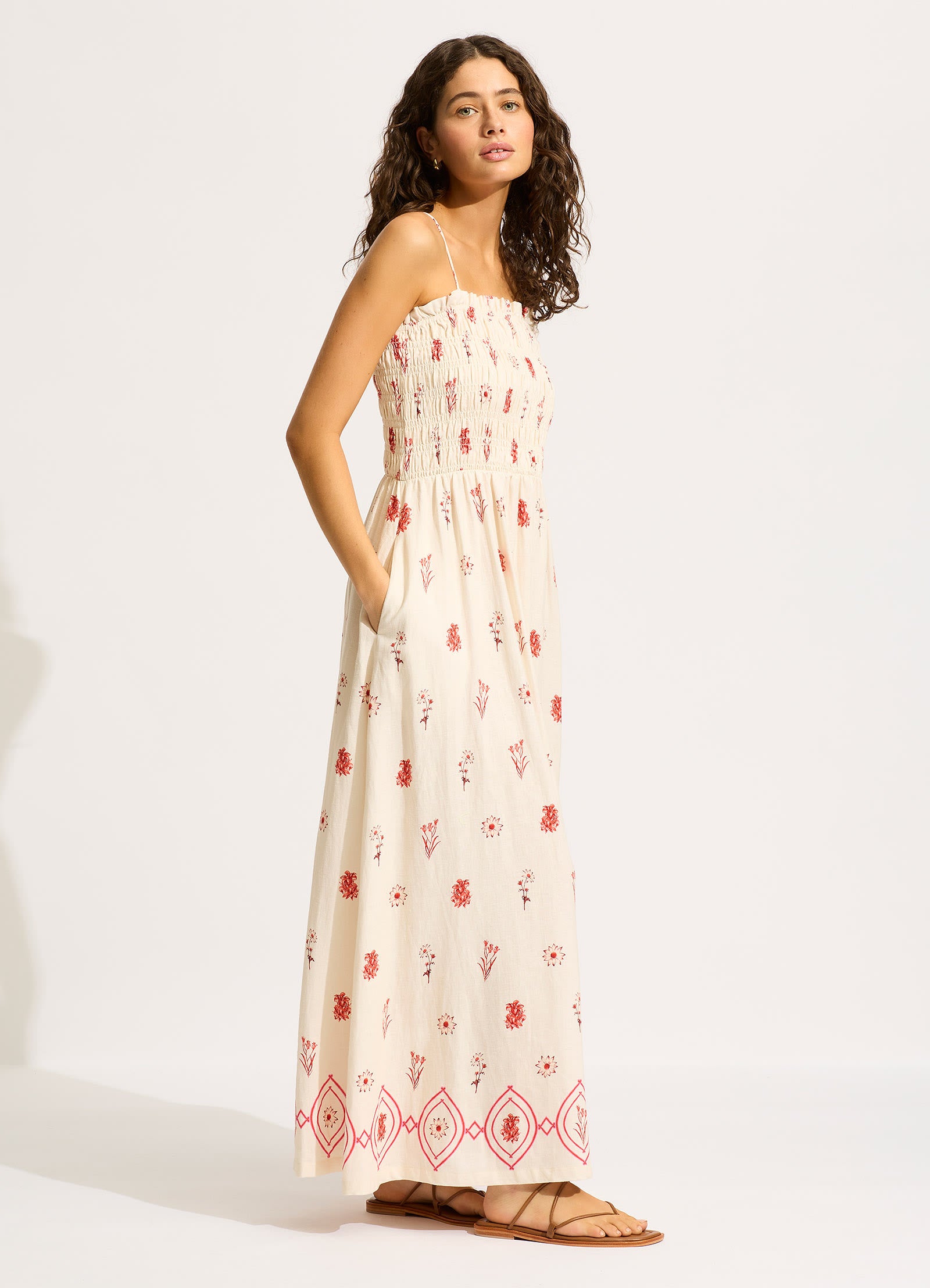 Marbella Shirred Maxi Dress - Flowy Summer Beach Dress with Flame Print | Perfect for Vacations, Pool Parties & Boho Fashion