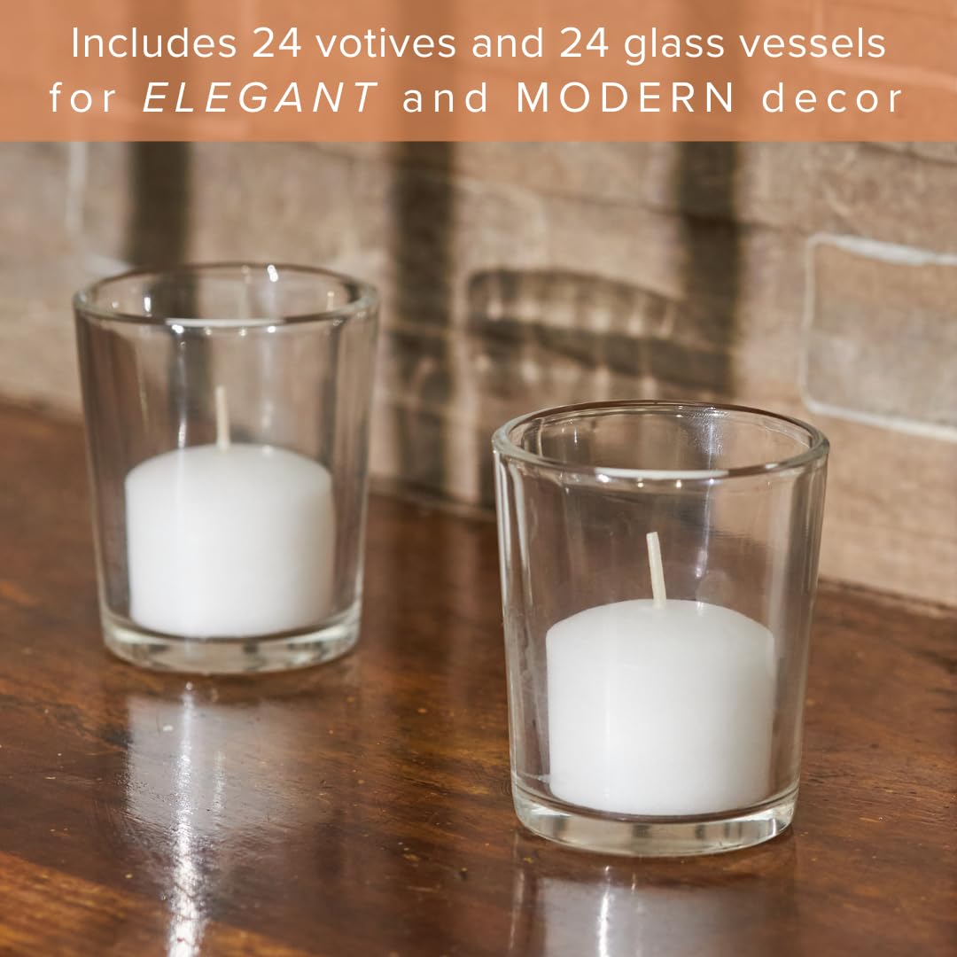 Simply Soson Bulk Unscented Votive Candles - 24 Pack White Small Candles with Glass Holders, 10 Hour Burn Time for Wedding, Birthday, Holiday & Home Decor - Perfect for Centerpieces, Romantic Dinners & Relaxing Ambiance