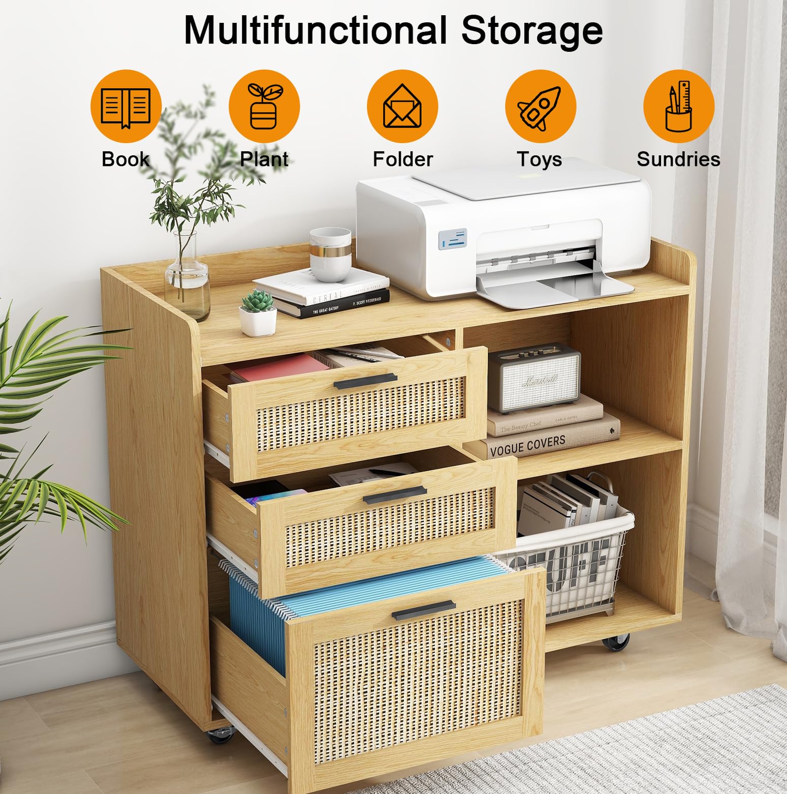 3-Drawer Mobile File Cabinet with Lock - Wooden Lateral Filing Cabinet & Printer Stand with Open Shelves for Home Office - Hanging File Storage for Letter/A4 Size Documents - Perfect for Workspace Organization & Small Office Storage