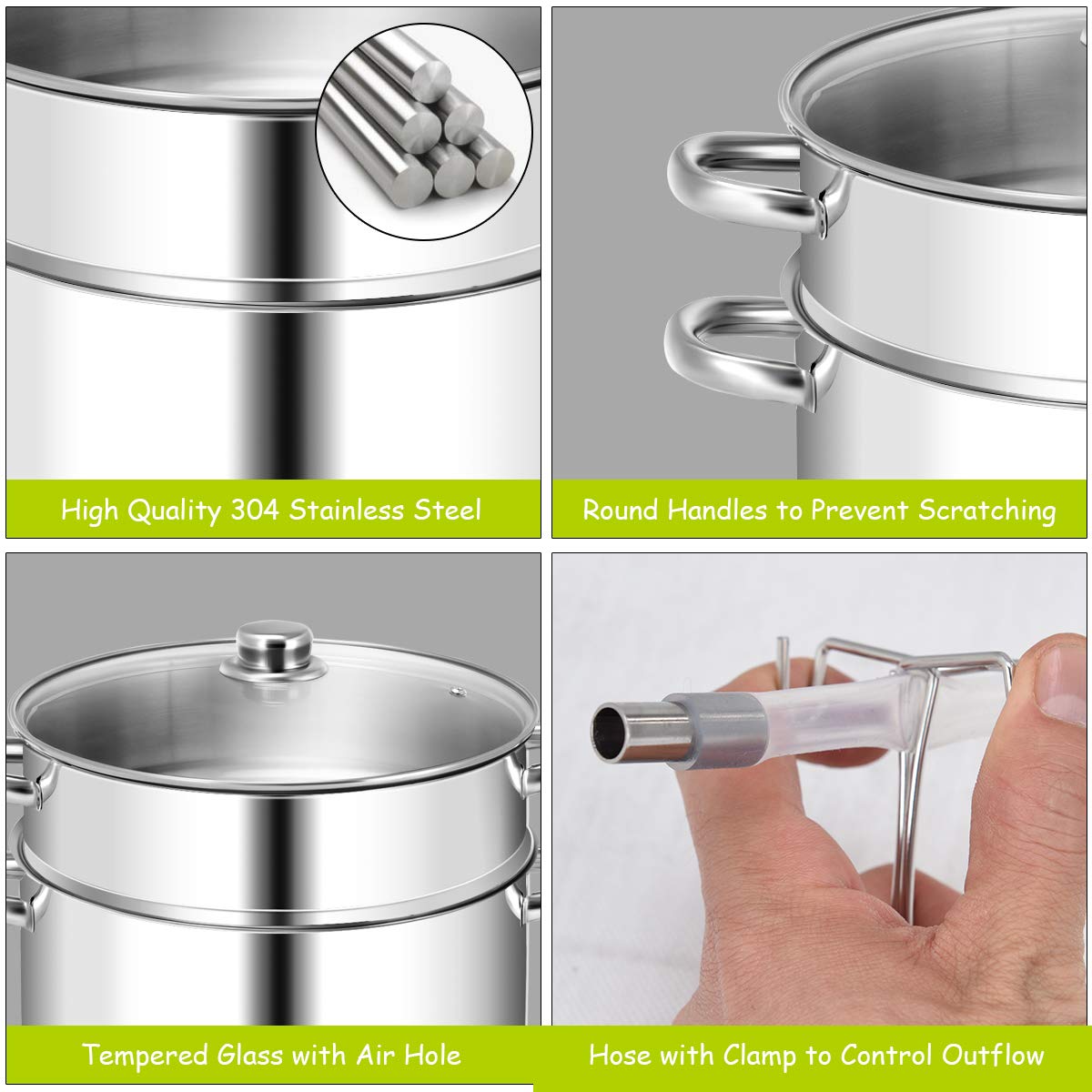 Giantex 10 Quart Stainless Steel Steam Juicer with Tempered Glass Lid - Multi-Purpose Kitchen Cookware for Juicing Fruits, Vegetables, Making Jelly & Pasta | Includes Hose, Clamp & Loop Handles | Perfect for Home Canning, Preserving & Healthy Cooking