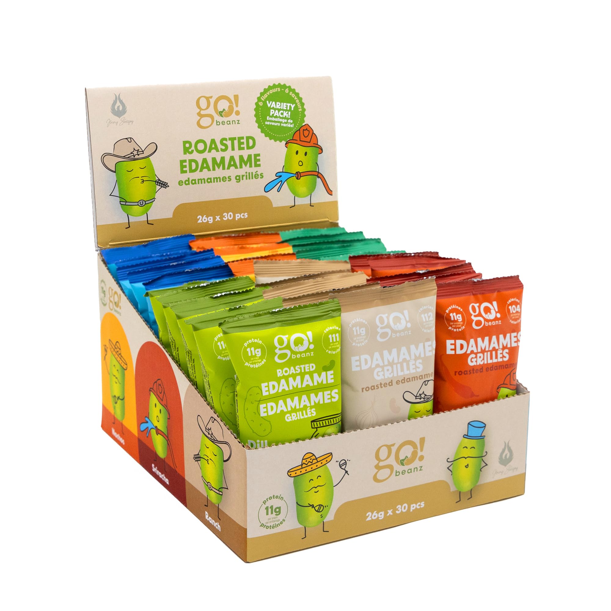 Crunchy Edamame Snacks - Jimmy Sevigny GoBeanz Variety Pack (30 Bags x 26g) | High Protein (11g per Serving), Low Calorie, Low Sugar Healthy Snacks for Adults & Kids | Perfect for On-the-Go, School Lunches, Office Snacks & Post-Workout Fuel