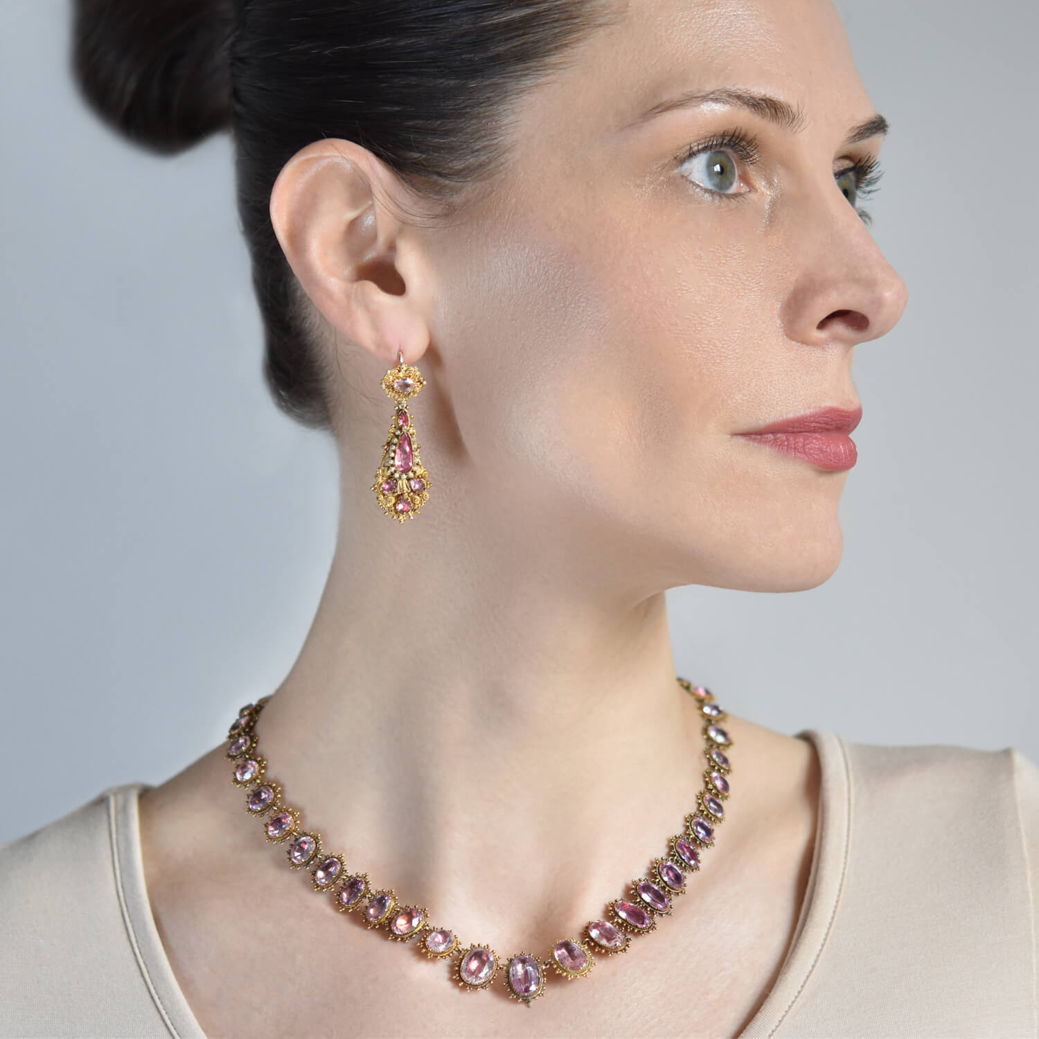 18K Gold Georgian Pink Topaz Necklace and Earrings Set - Rare Vintage Jewelry for Weddings, Parties & Special Occasions