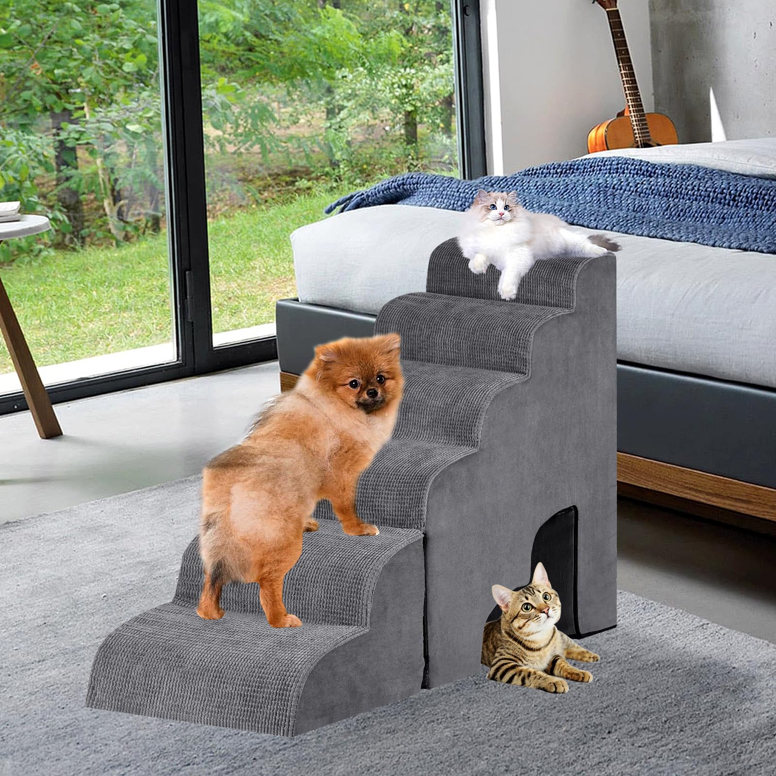 6-Step Pet Stairs for High Beds up to 32 Inches - Lightweight Dog & Cat Steps for Small/Medium Pets Under 50lbs - Non-Slip Ramp for Elderly Dogs & Kittens (Grey) - Perfect for Bed, Couch & SUV Access