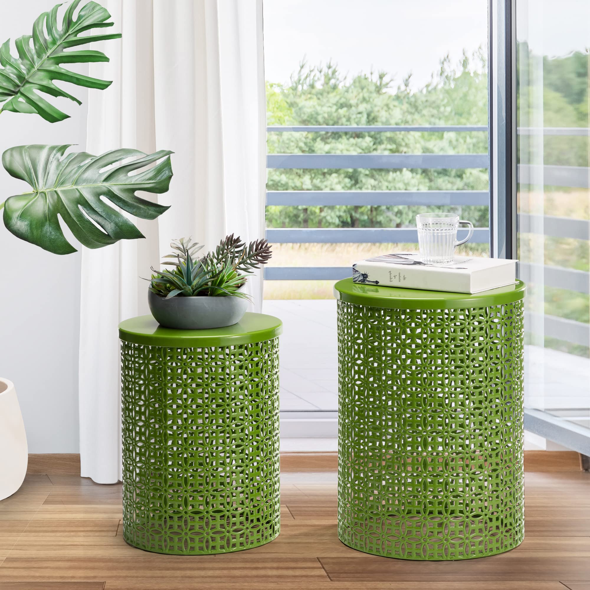 Glitzhome 2-Piece Outdoor Side Table Set - Heavy Duty Metal Frame Garden Stool for Indoor & Outdoor Use, Modern Glossy Green Accent End Table | Perfect for Patio, Deck, Poolside & Living Room Decor