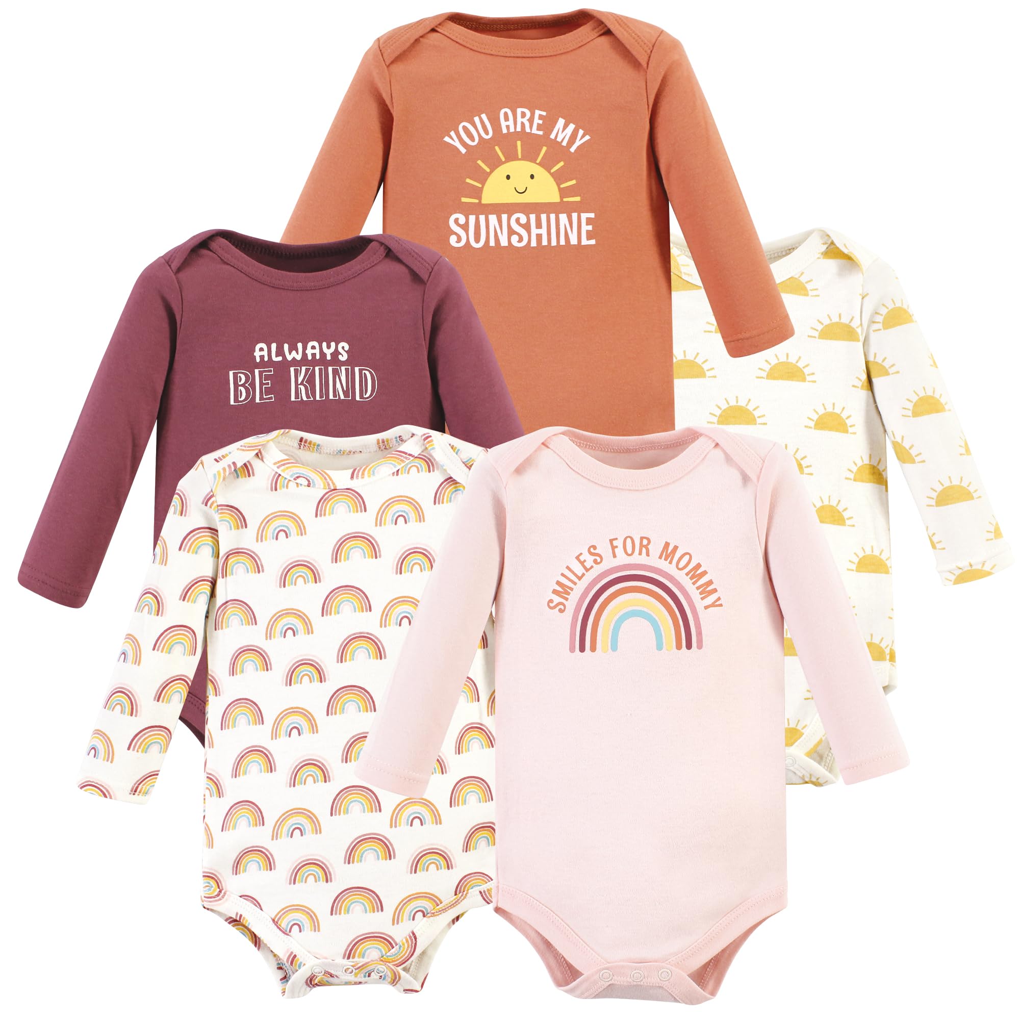 Hudson Baby Unisex Cotton Long-Sleeve Bodysuits - 5-Pack Sunshine Rainbows (18-24 Months) | Soft & Comfortable Baby Onesies for Playtime, Daycare & Everyday Wear
