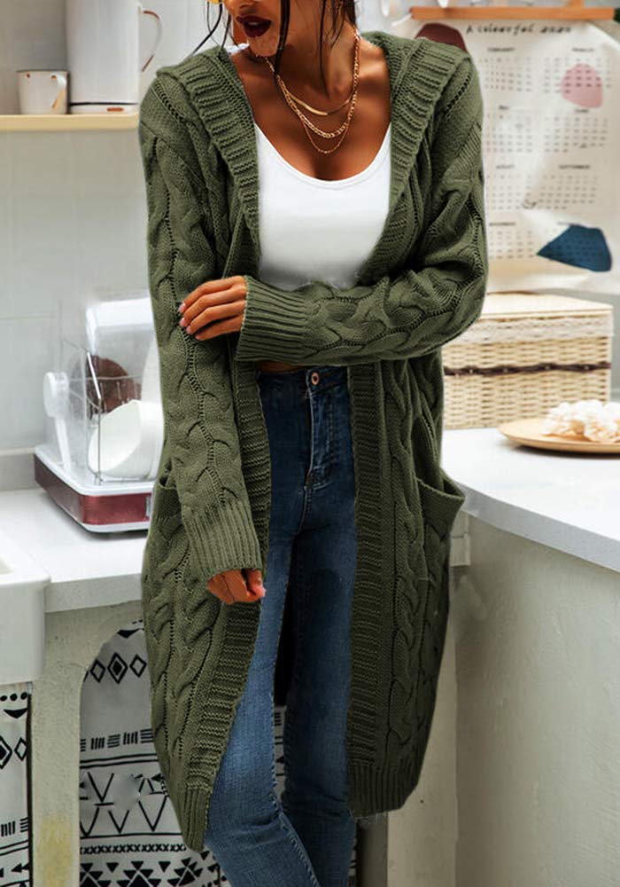 Women's Chunky Cable Knit Hooded Cardigan - Open Front Long Sweater Coat for Fall & Winter - Cozy Layering for Casual Outfits, Office Wear & Lounging at Home