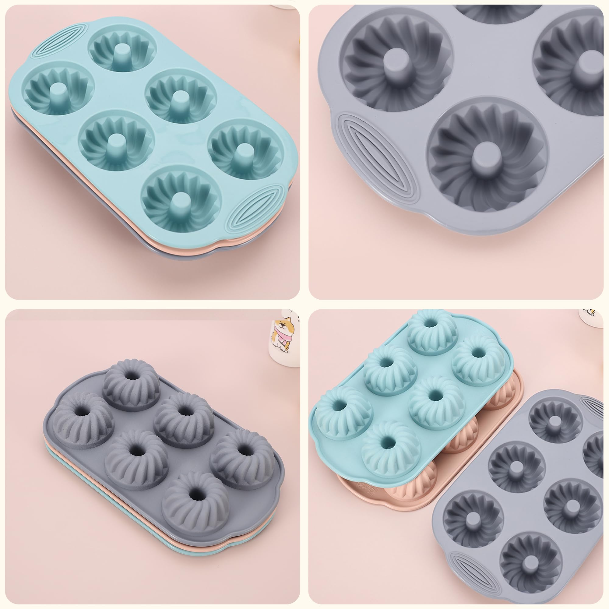 Non-Stick Silicone Mini Bundt Cake Pan Set - 3 Pack (6-Cavity Fluted Tube Molds in Pink, Blue & Gray) for Baking Perfect Bundtlettes, Cupcakes & Desserts - Ideal for Holidays, Parties & Home Baking