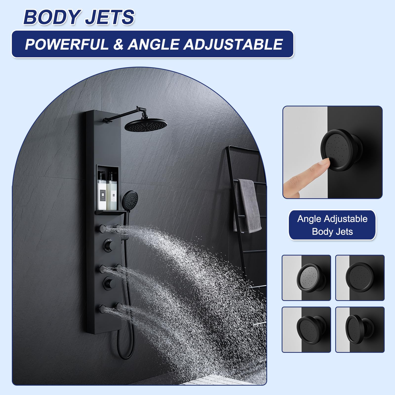 ROVATE Matte Black Shower Panel Tower System with 6 Body Jets, Rainfall Shower Head & Handheld - Adjustable Shower Arm, Self-Cleaning Stainless Steel Shower Column with Shelf - Perfect for Modern Bathroom & Spa Experience