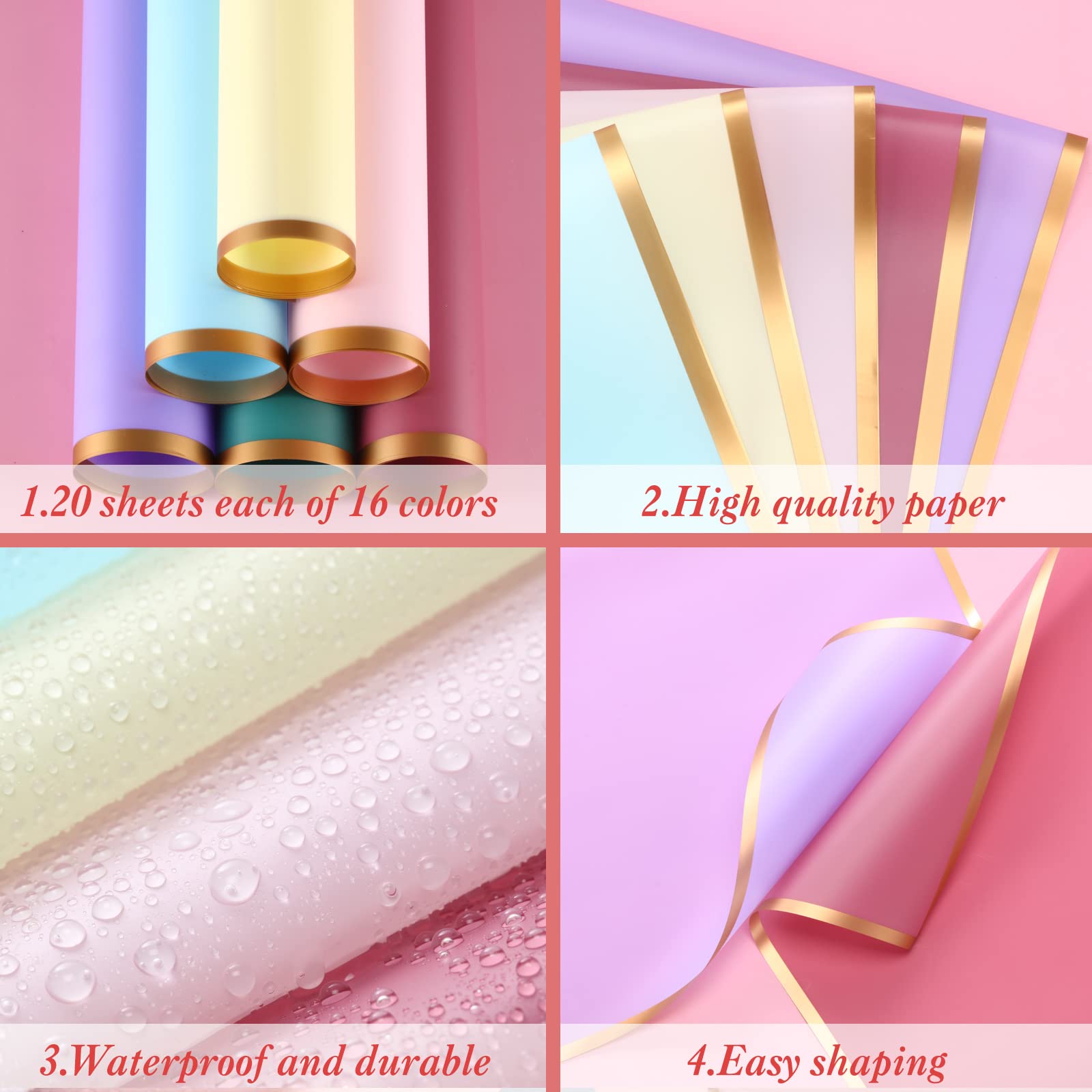 Pajean 320 Sheets Waterproof Flower Wrapping Paper - Gold Edge for Bouquets, DIY Crafts & Mother's Day Gifts