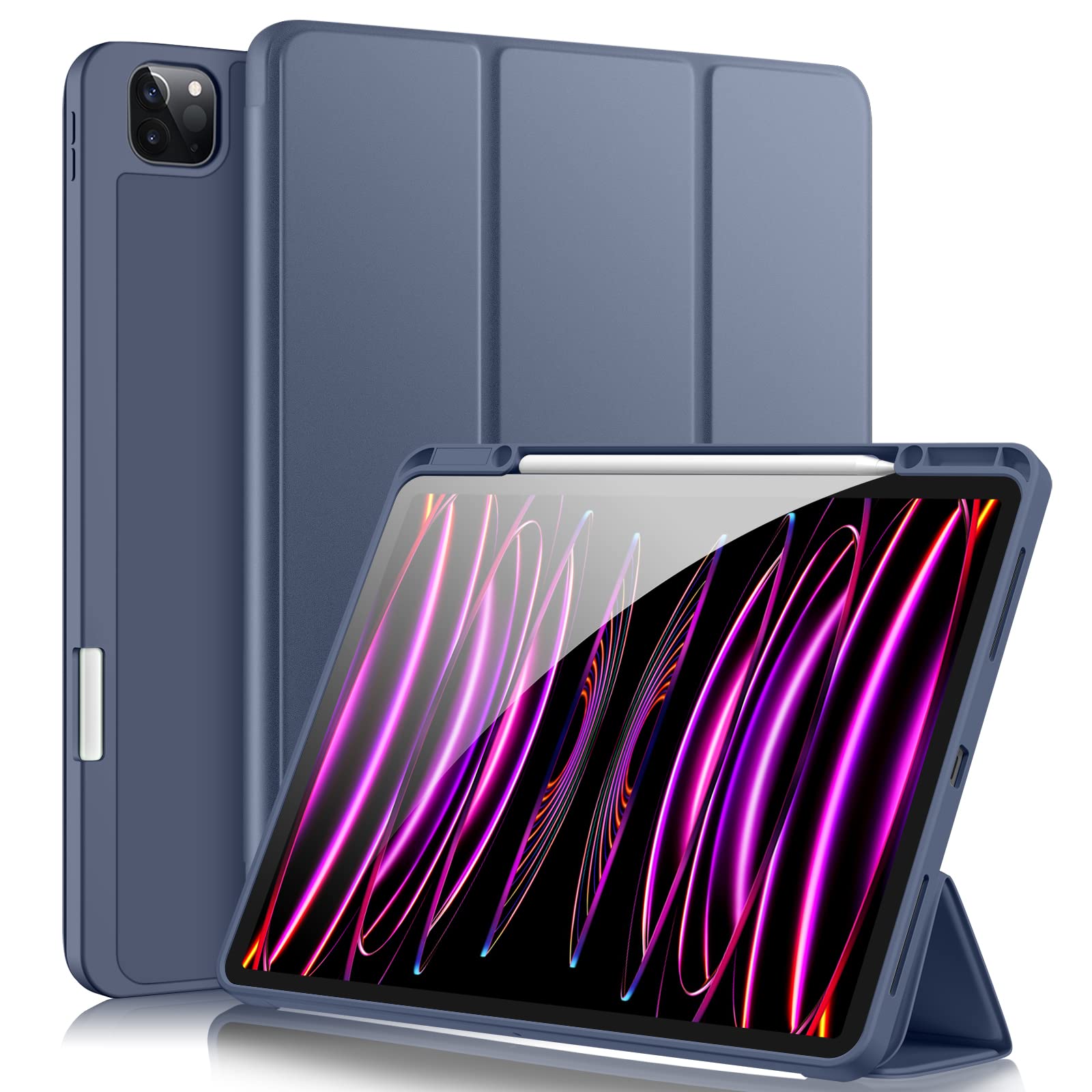 Akkerds iPad Pro 12.9 Case (6th/5th/4th/3rd Gen 2022-2018) - Premium Trifold Stand Smart Cover with Pencil Holder & Auto Wake/Sleep | Shockproof TPU Back | Blue Gray | Perfect for Work, School & Travel