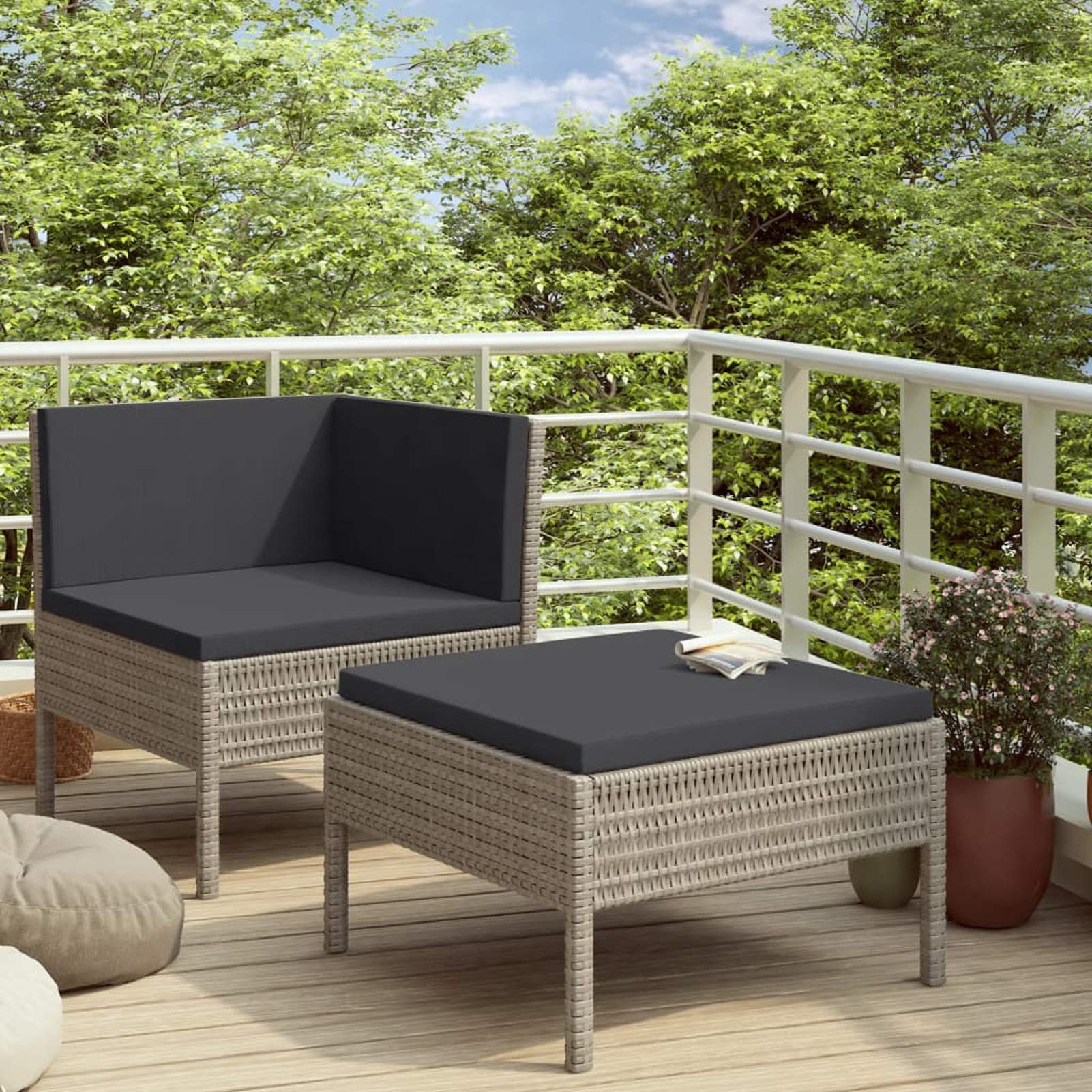 2-Piece Gray Poly Rattan Patio Lounge Set with Seat & Back Cushions - Outdoor Corner Sofa & Footrest Conversation Set for Garden, Lawn, Courtyard - Perfect for Relaxing, Entertaining & Sunbathing