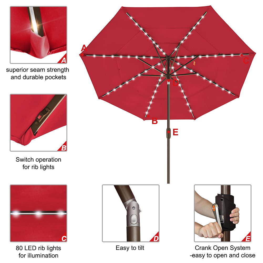 EliteShade 9ft 3-Tier Solar LED Patio Umbrella with 80 Lights - 10-Year Fade-Resistant, Ventilated Outdoor Market Umbrella (Logo Red) - Perfect for Backyard, Poolside, Restaurant & Outdoor Dining Areas