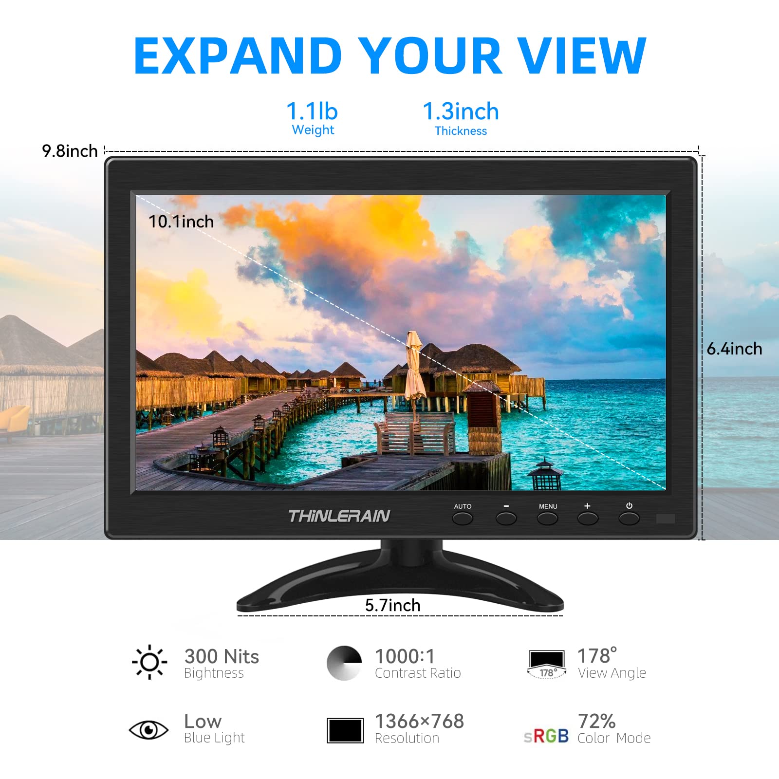 10.1 Inch Thinlerain Mini PC Monitor - 1366x768 LED IPS Screen with HDMI & VGA Ports, Built-in Speakers for Laptop, Computer - Perfect for Home Office, Gaming & Digital Signage