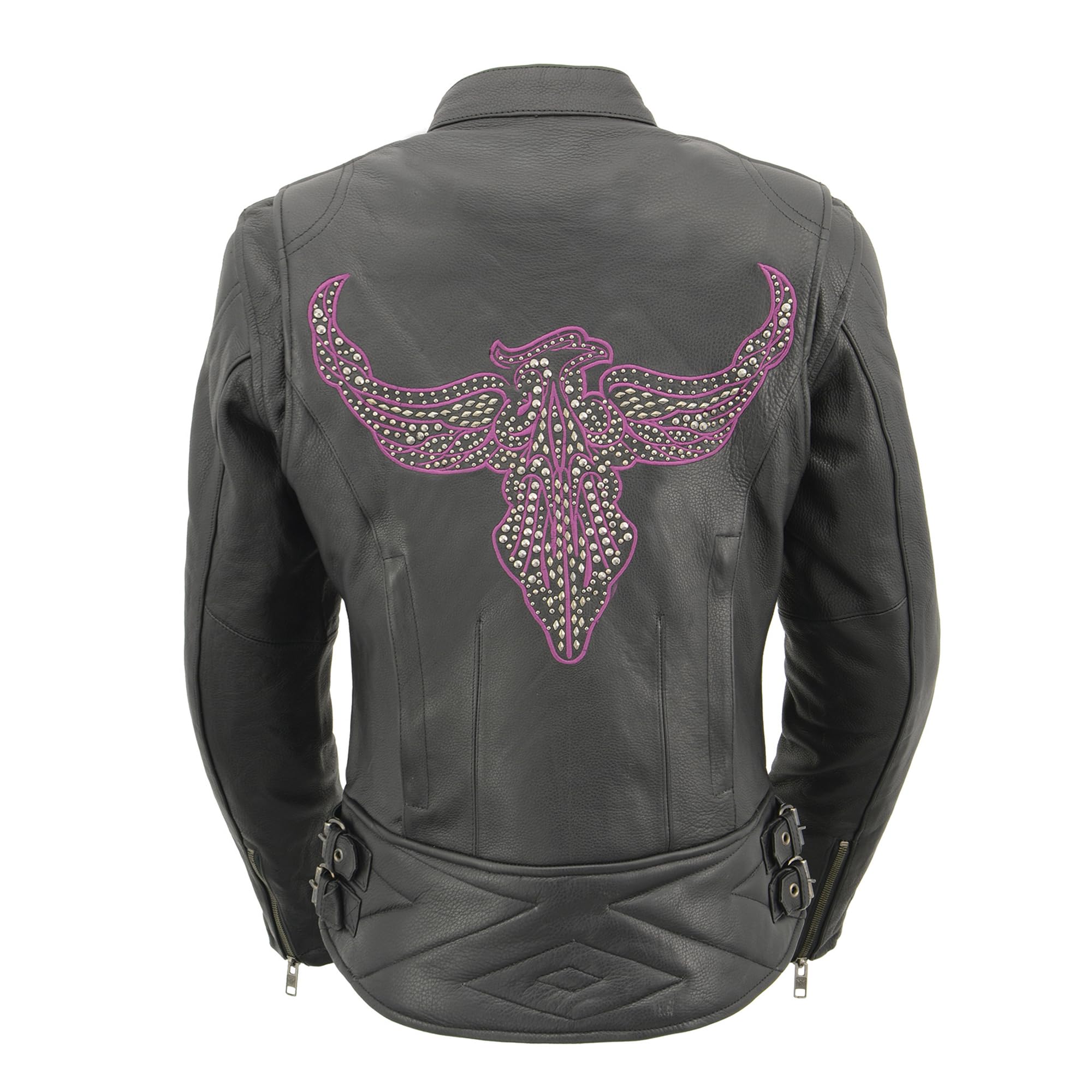 Milwaukee Leather Ladies Black Purple Fuchsia Racer Jacket with Phoenix Studding & Embroidery MLL2570 - Stylish Motorcycle Jacket for Women Riding & Fashion Outfits