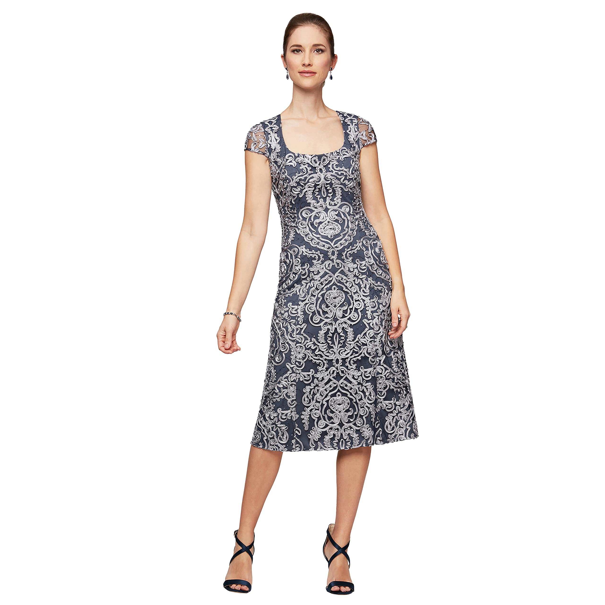 Alex Evenings Women's Tea Length Dress with Rosette Detail - Elegant Cocktail Party & Wedding Guest Dress for Special Occasions