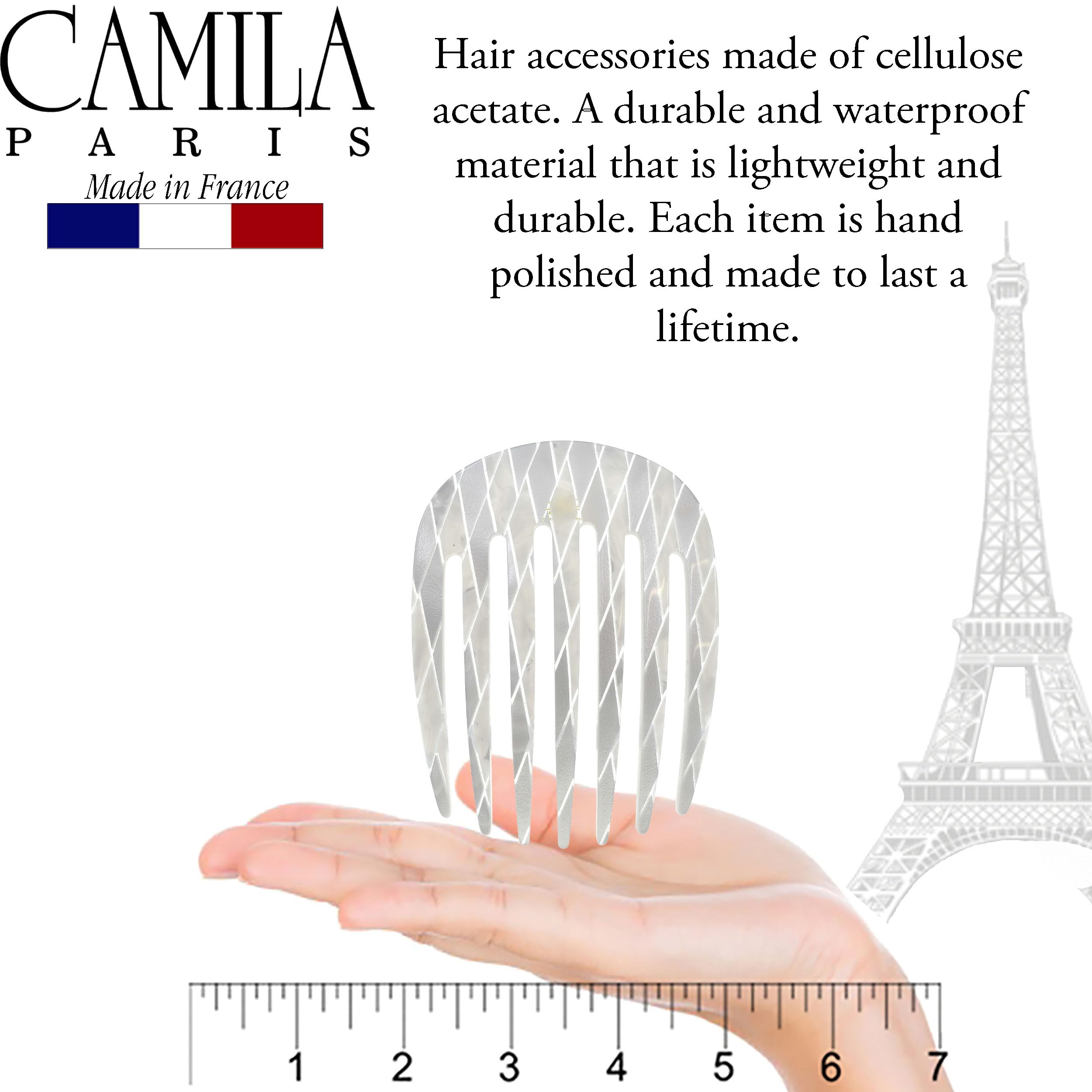 Camila Paris CP3408 French Hair Side Comb - Handmade Rounded Nacro White Hair Clip for Women | Strong Hold No Slip Hair Accessories for Bun, Chignon & French Twist | Perfect for Weddings, Prom & Formal Events | Made in France