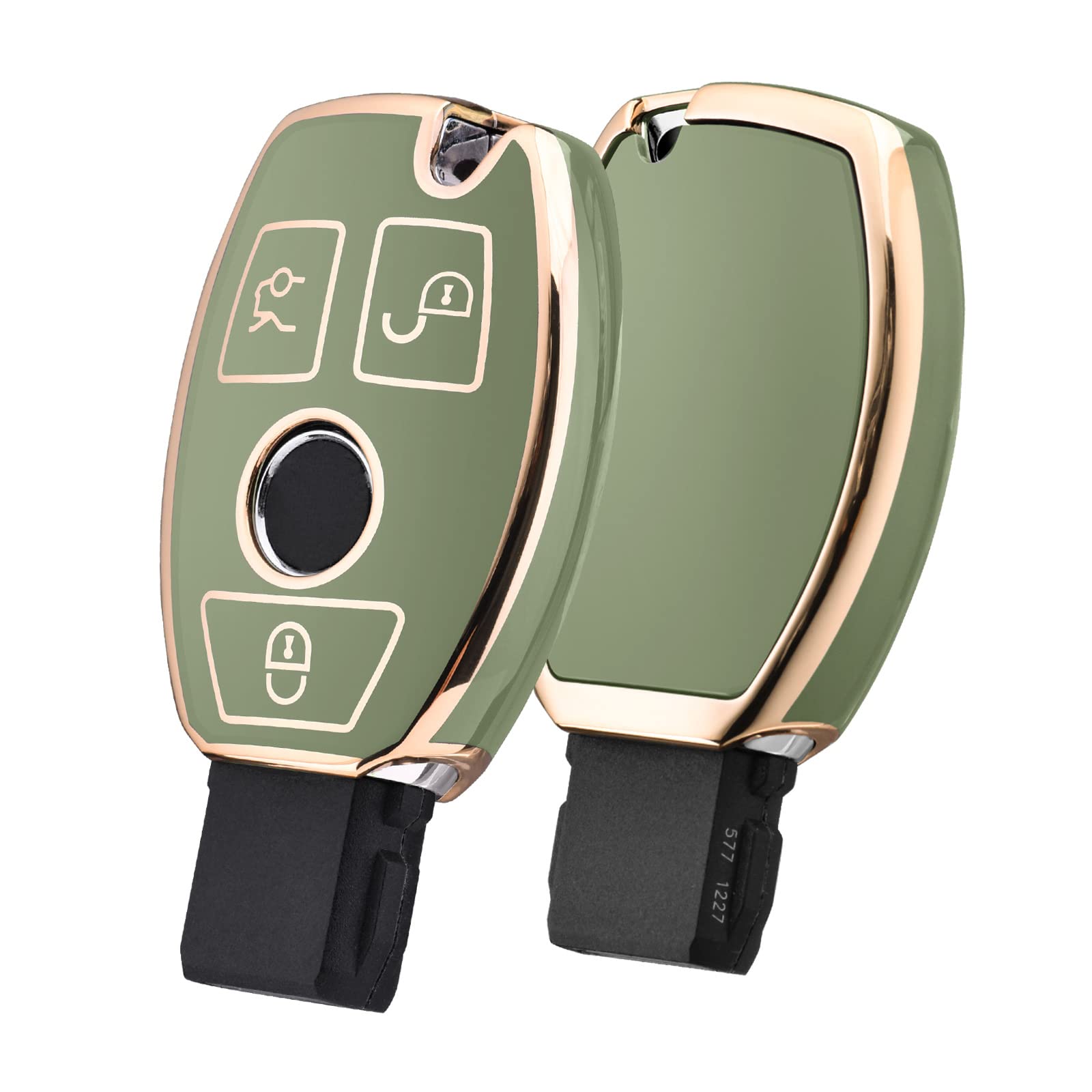 Premium Soft TPU Key Fob Cover for Mercedes Benz C/E/S/M/CLS/CLK/G Class - Gold Edge Green Protective Case for Keyless Smart Remote (Perfect for Daily Use & Car Protection)
