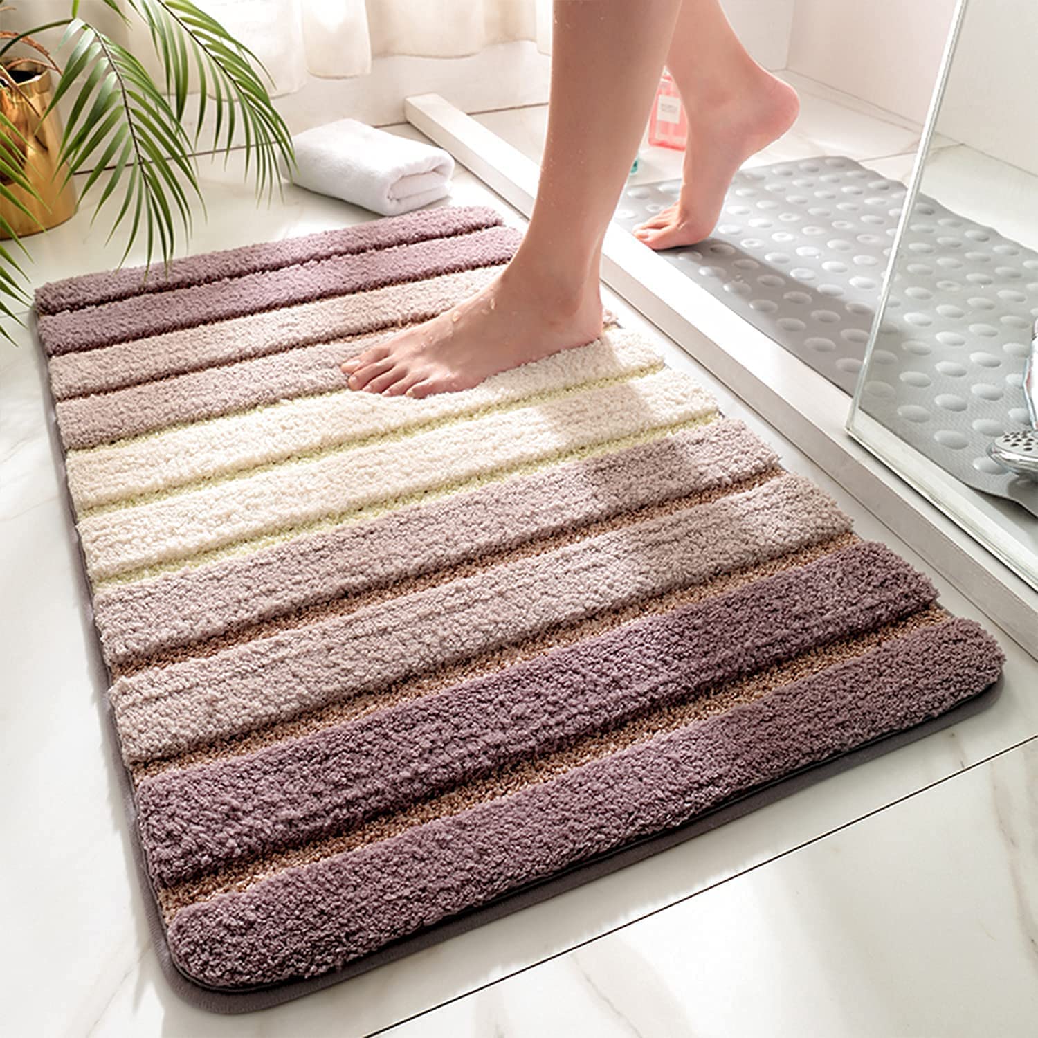 Soft Absorbent Non-Slip Bathroom Rug Mat - Machine Washable Quick Dry Shower Floor Carpet for Tub, Bath & Shower | Perfect for Bathroom Safety and Comfort, Beige Stripe Design