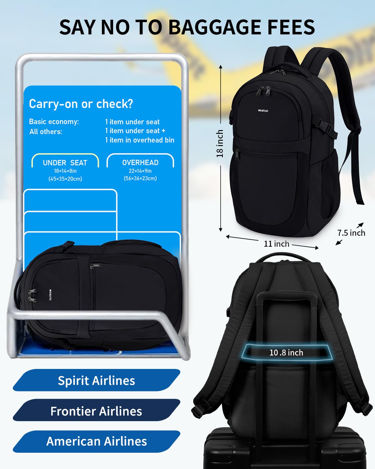 ECOHUB 17.3 Inch Women's Travel Backpack - Water-Resistant Laptop Bag with 12 Pockets, 28L Capacity for College, Work & Commuting - Perfect as Personal Item Bag for Air Travel (Black)