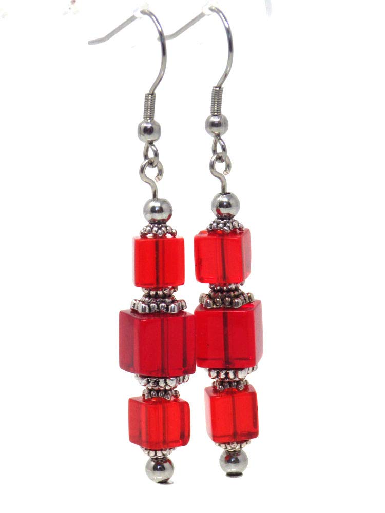 Red Glass and Stainless Steel Dangling Earrings – Elegant Handmade Jewelry for Women, Perfect for Parties, Weddings & Date Nights