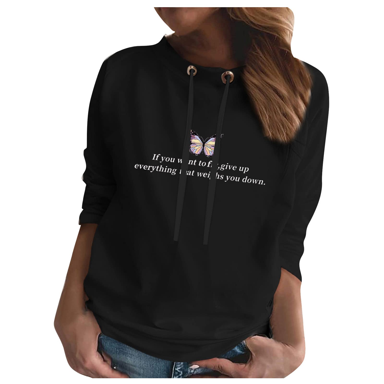 Women's Casual Long Sleeve Hoodie - Loose Fit Drawstring O-Neck Printed Blouse Top for Everyday Wear, Outfits & Street Style Fashion