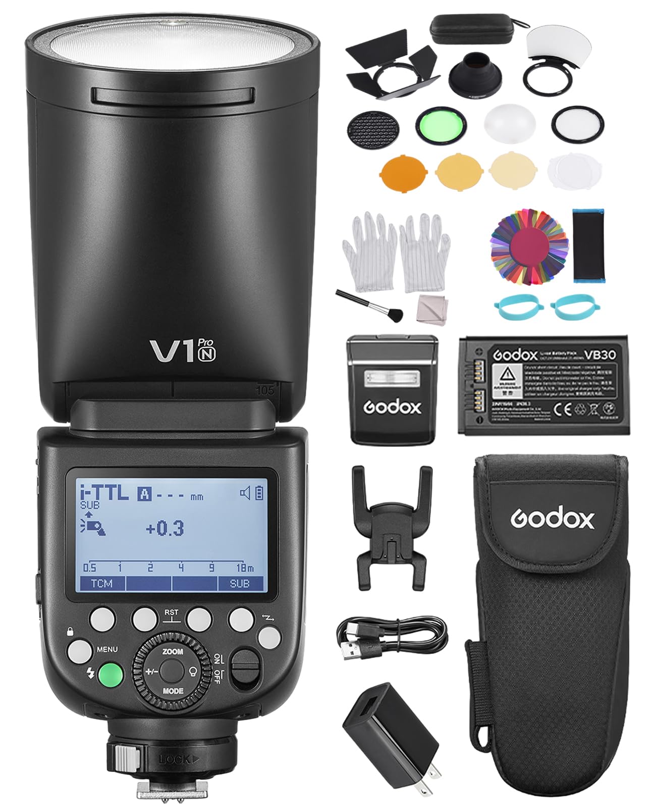 Godox V1 Pro N TTL Camera Flash with AK-R1 Accessories Kit - 2.4G Wireless Speedlight for Nikon DSLR/Mirrorless (HSS 1/8000s, 1.3s Recycle) - Perfect for Portrait, Wedding & Event Photography