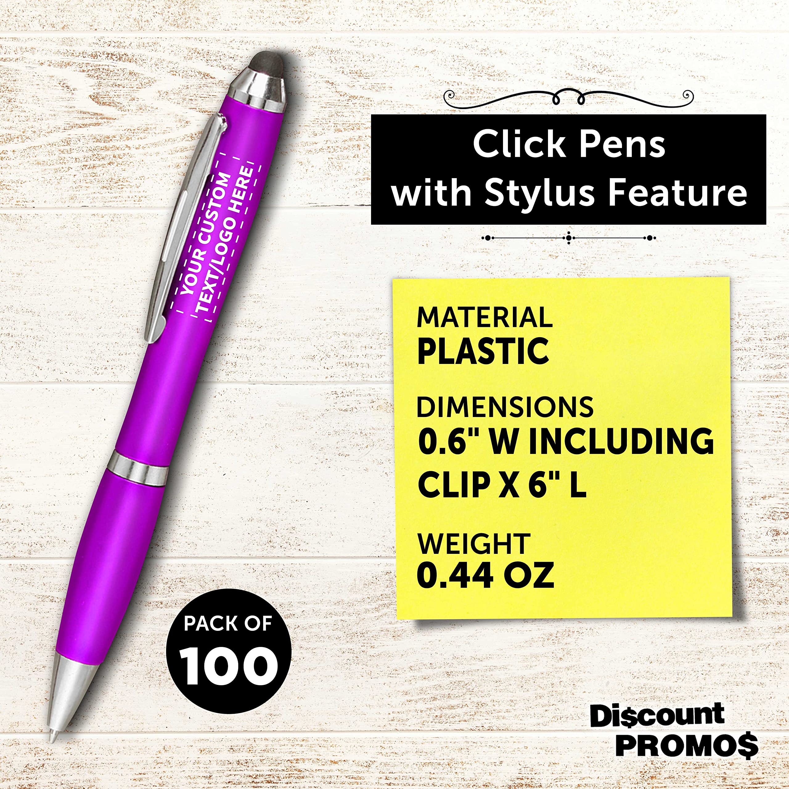 Custom Plastic Stylus Pens - Bulk Pack of 100 with Black Ink, Personalized for Office, School & Business Use - Perfect for Tradeshows, Events & Digital Devices (Purple)