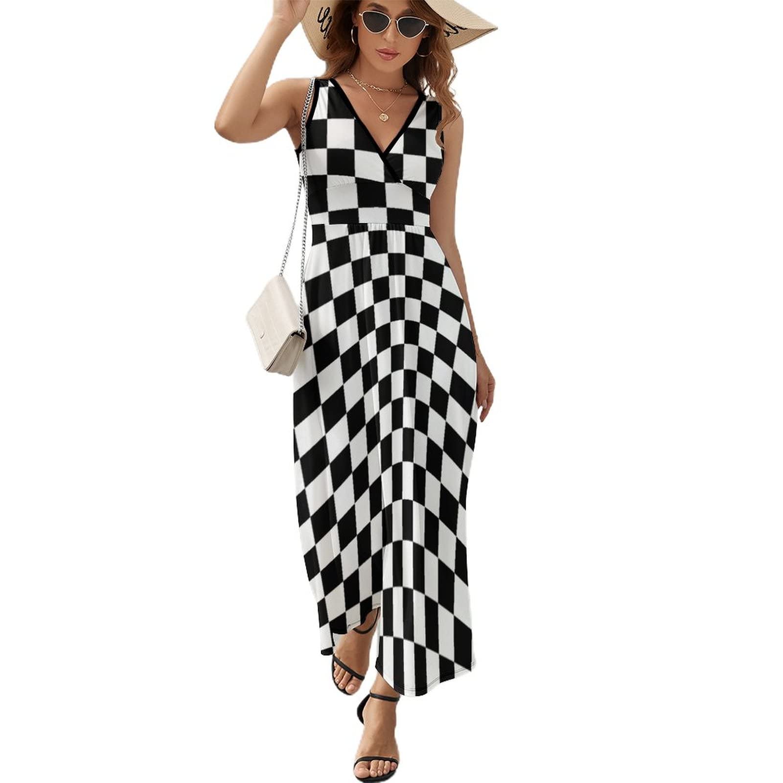 Women's Sleeveless V-Neck Maxi Dress - Black & White Checkered Flag Print - Beach Cover Up, Summer Casual Long Dress Skirt for Racing Events, Vacations & Outdoor Parties