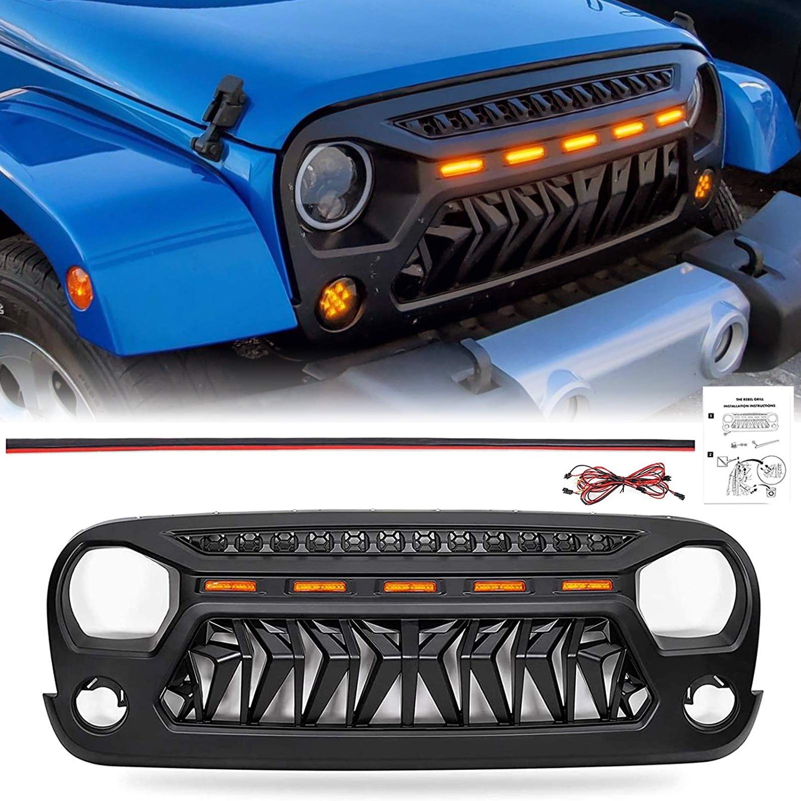 Jeep Wrangler JK Grille Guard (2007-2018) - Matte Black Shark Grille with 5 Amber LED Lights | Compatible with Unlimited, Rubicon & Sahara Models | Off-Road Protection & Style Upgrade for Adventure Enthusiasts