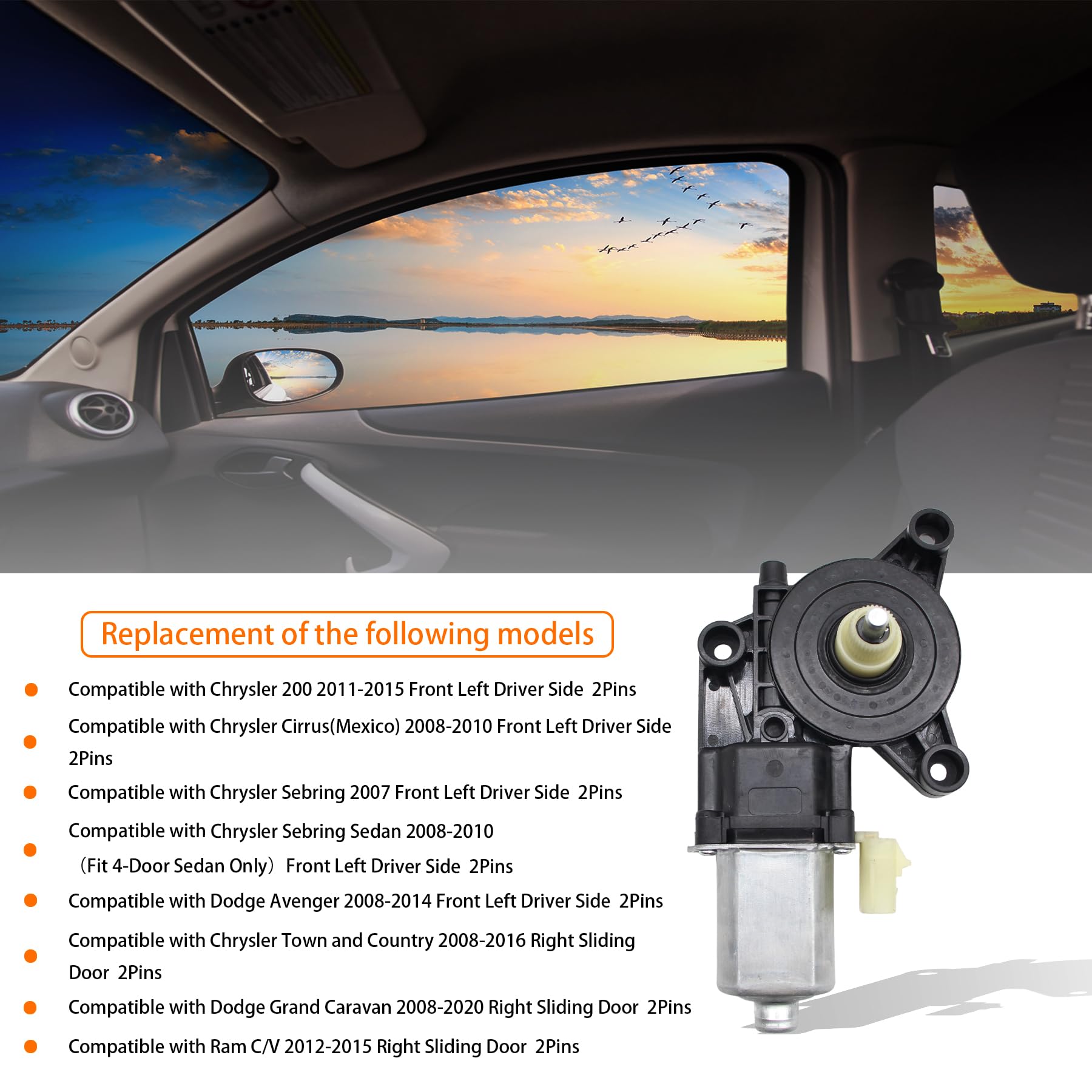 2 Pins Power Window Motor Replacement for Chrysler 200/Cirrus/Sebring/Town & Country, Dodge Avenger/Grand Caravan, Ram C/V - Compatible with 68020567AA 742-338 68030660AA 68021447AA - Smooth Auto Window Repair & Maintenance