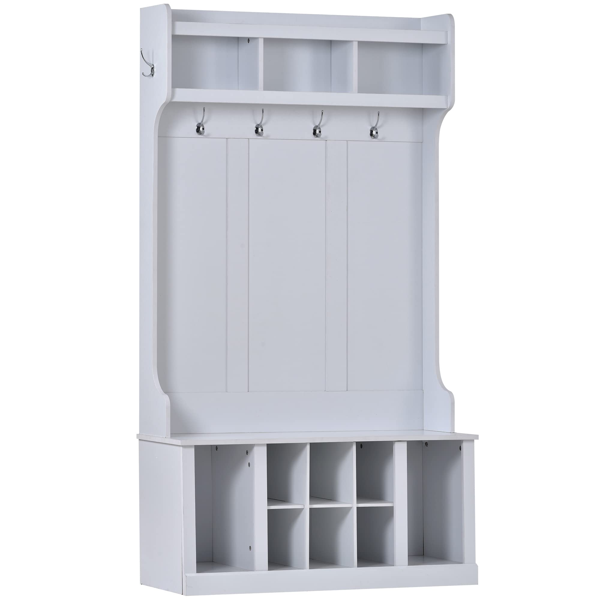 SUNRAR 3-in-1 Hall Tree with Bench, Shoe Storage & Coat Rack - Entryway Organizer with 6 Hooks, White - Perfect for Mudroom, Foyer & Hallway Organization | Space-Saving Furniture for Shoes, Coats & Accessories