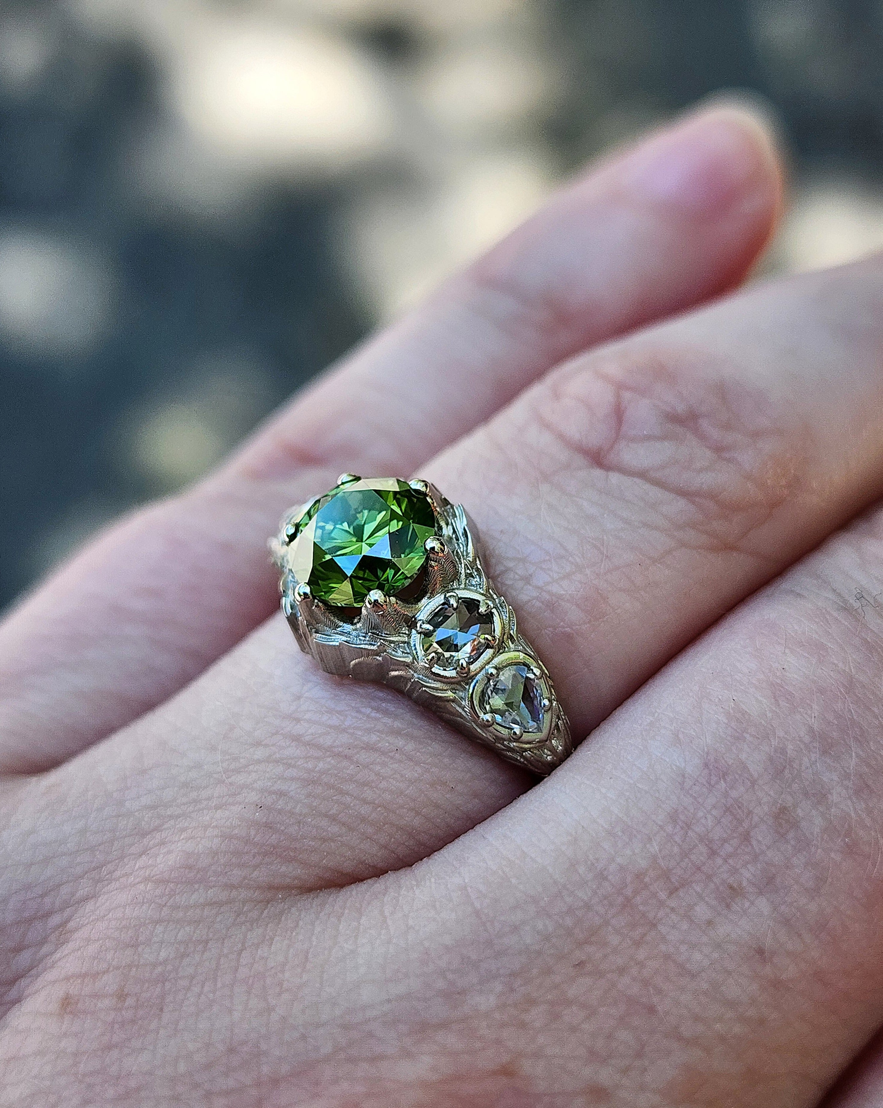 Green Diamond Bramble Engagement Ring with Rose Cut Oval & Pear Diamonds and Forest Chevron Wedding Band - Nature Inspired Fine Jewelry for Romantic Proposals & Eco-Friendly Weddings