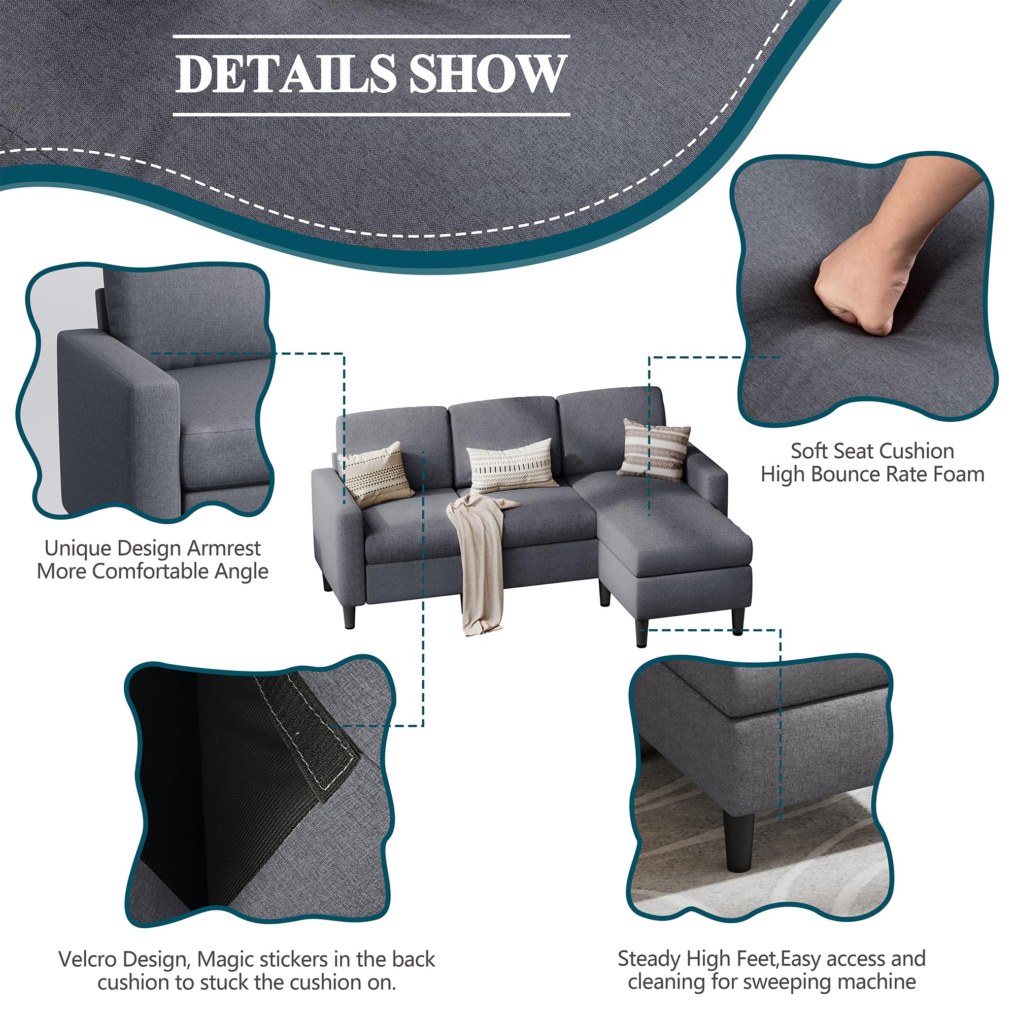 Modern L-Shaped Sectional Sofa with Reversible Chaise - Convertible Linen Fabric Couch for Small Spaces & Living Rooms (Dark Grey) | Perfect for Apartments, Condos & Cozy Home Decor
