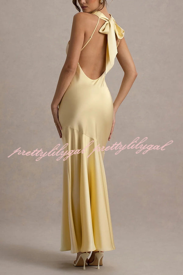 Elegant Satin Cowl Neck Maxi Dress with Back Tie Detail - Perfect for Evening Parties, Weddings & Special Occasions