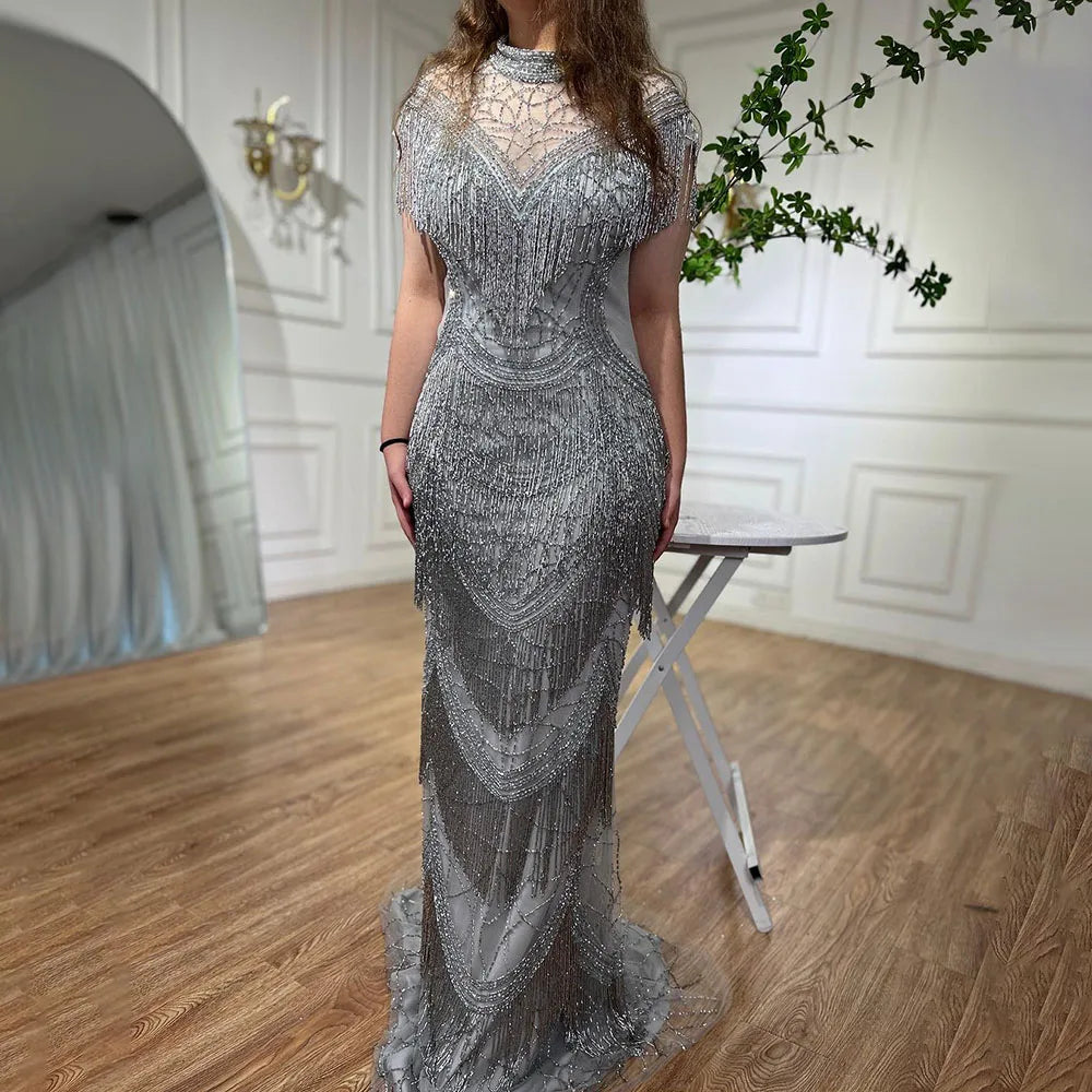 Elegant Grey Mermaid Evening Gown with Cap Sleeves & Beaded Tassels - Women's Luxury Party Dress for Prom, Gala & Special Occasions - Serene Hill Collection LA70529