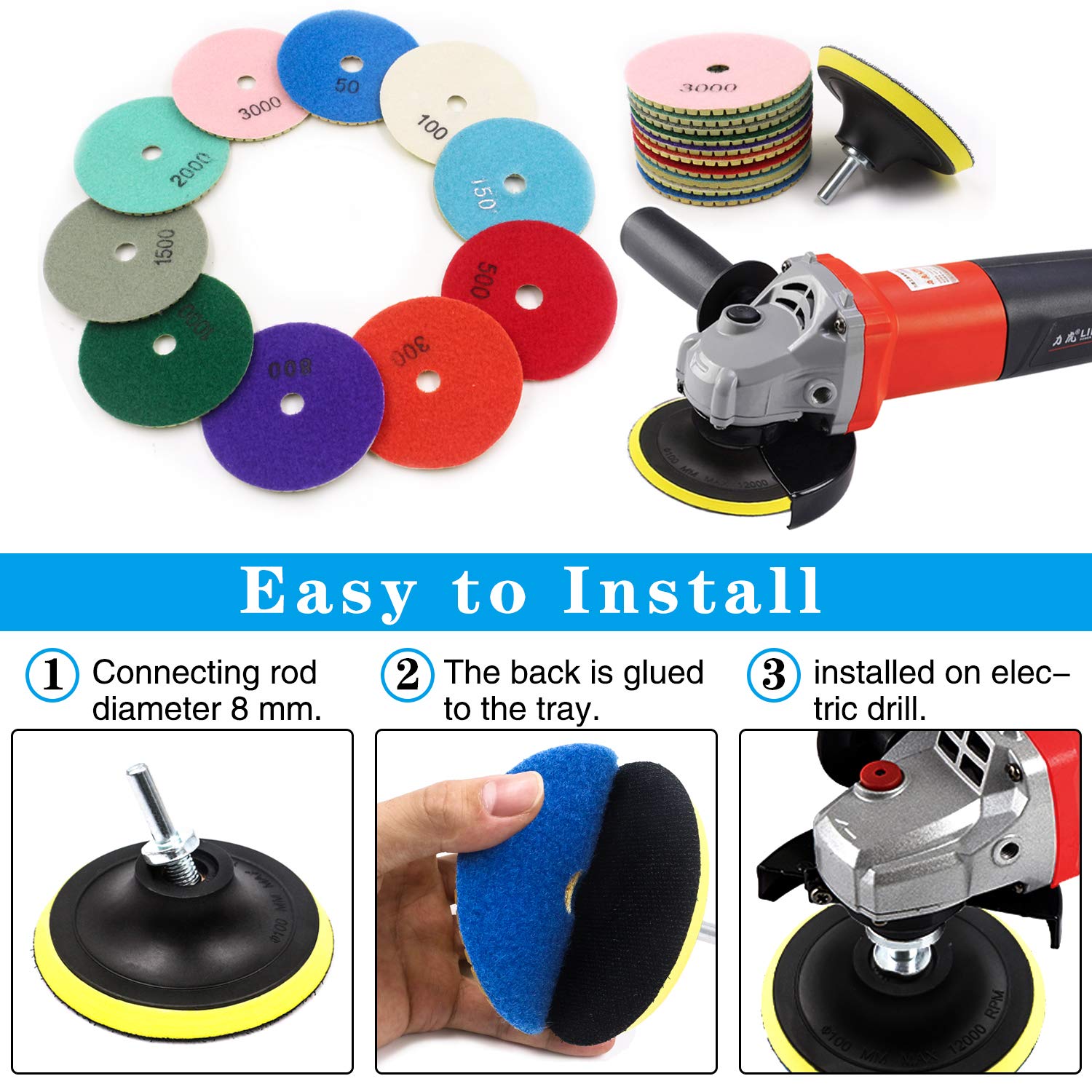 3 Inch Diamond Polishing Pads Set - 10pcs Wet/Dry Polishing Kit (50#-3000# Grit) with 2 Hook & Loop Backer Pads for Granite, Marble, Concrete - Perfect for Floor Grinders, Polishers & Stone Restoration Projects (12 Pack)