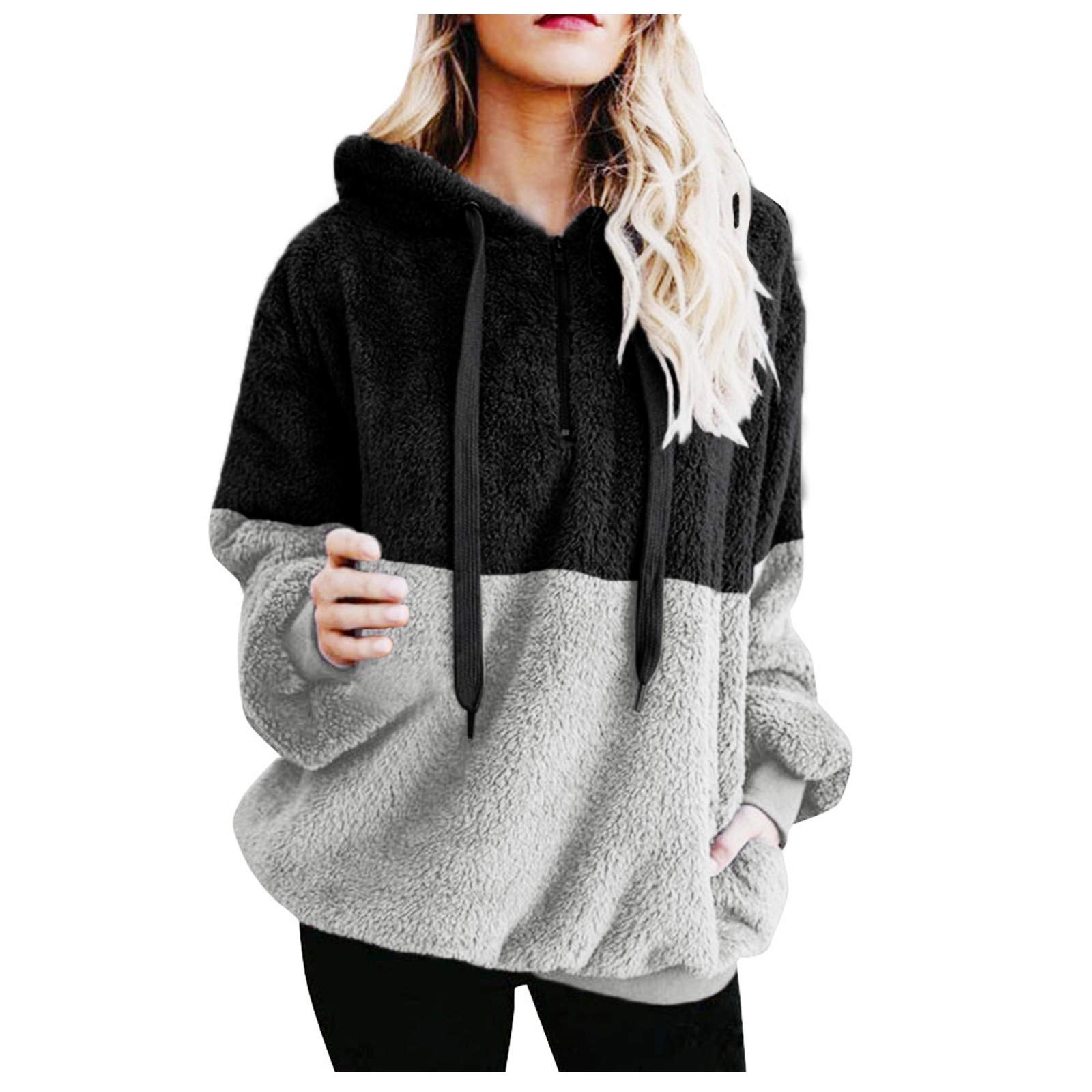 Women's Oversized Color Block Sherpa Hoodie - Fleece Zipper Sweatshirt with Drawstring & Pockets | Cozy Winter Wear, Casual Outfit, Street Style Fashion
