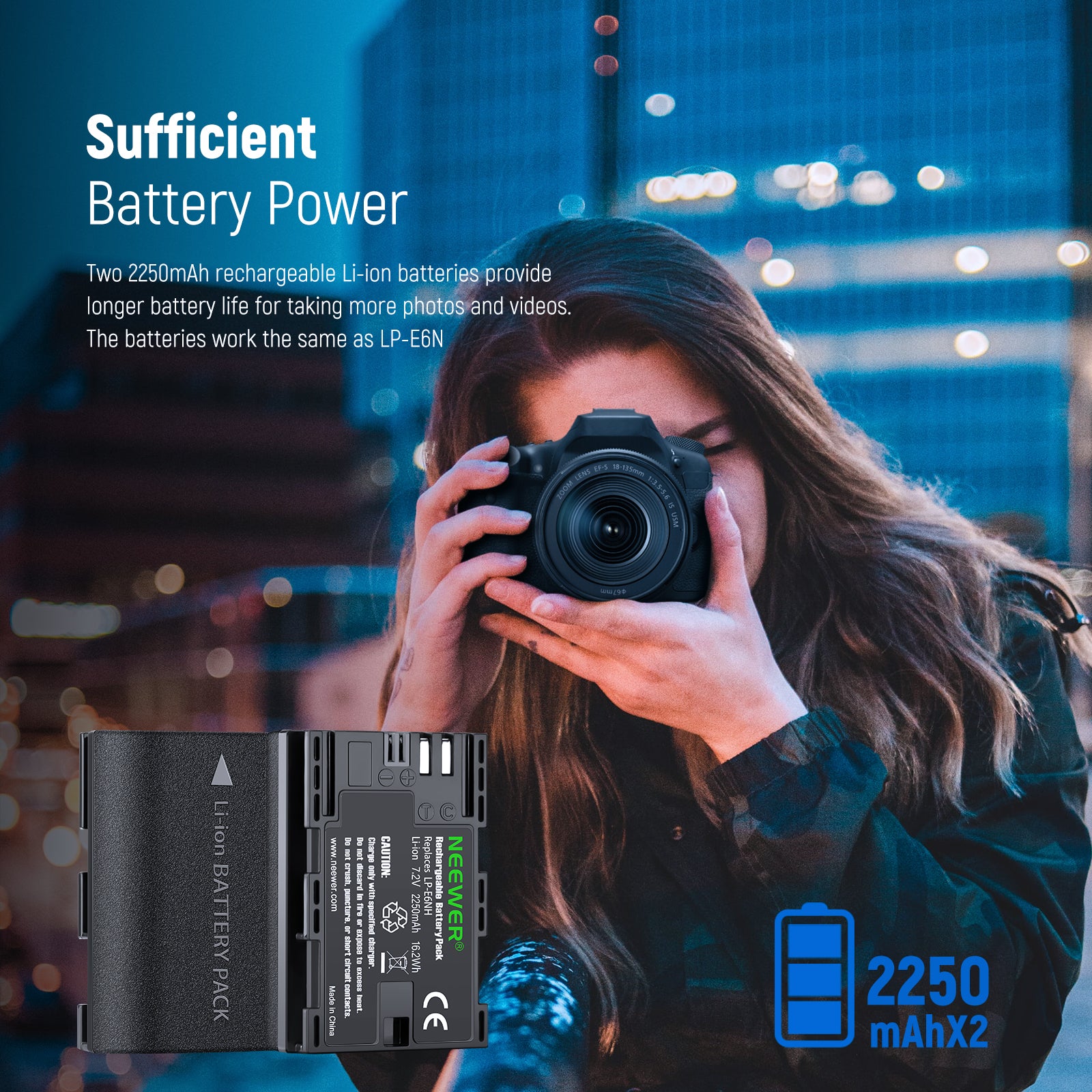 NEEWER 2 Pack LP-E6NH 2250mAh Rechargeable Battery with Dual Charger - Compatible with Canon EOS 5D Mark IV, 5DS, 80D, 70D & More DSLR Cameras - Perfect for Travel, Wedding & Professional Photography
