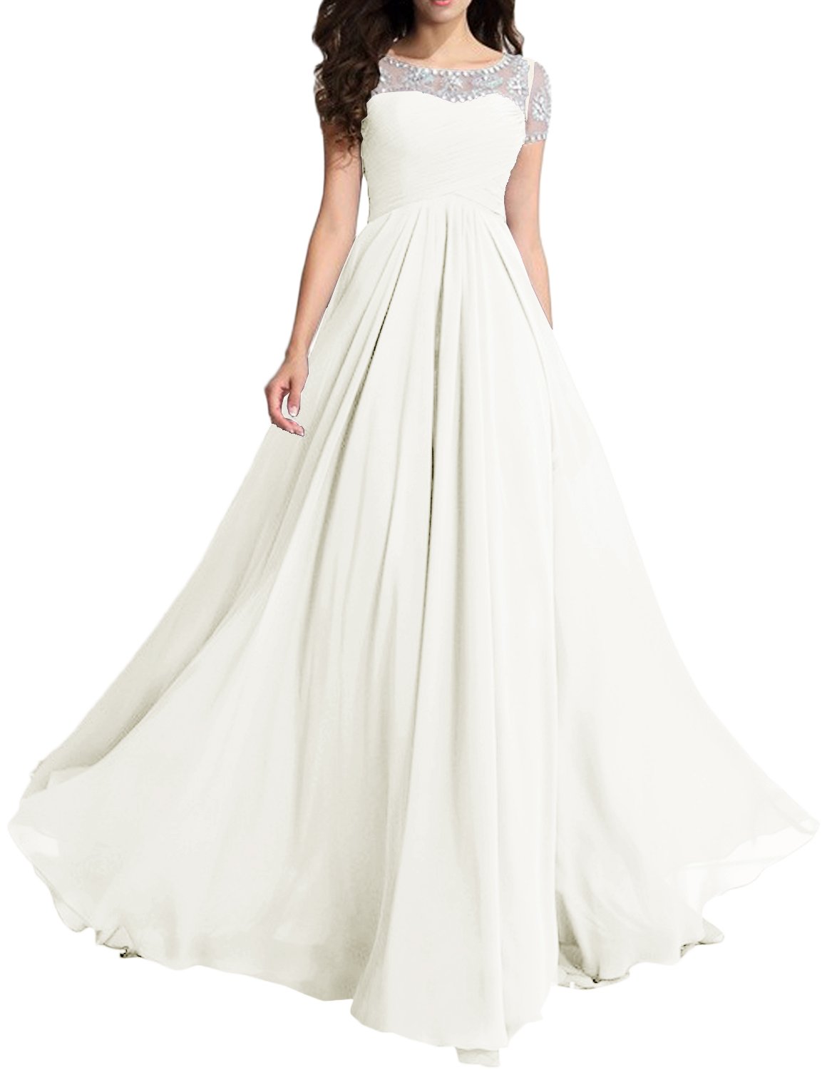 Elegant MILANO BRIDE Modest Wedding Party Dress | Short Sleeve A-Line Beaded Prom Gown for Bridesmaids & Formal Events | Perfect for Church Weddings, Evening Galas & Special Occasions