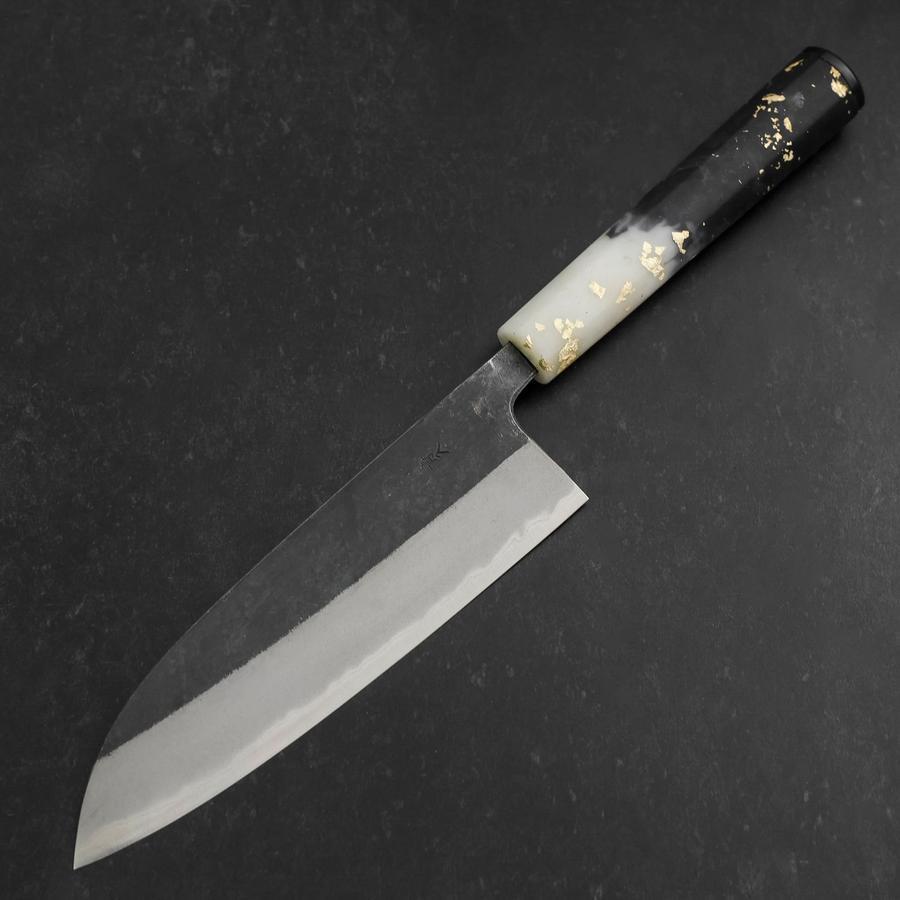 Premium Santoku Knife - Blue Steel #2 Kurouchi Finish with Ocean Black & White Gold Handle - 165mm Japanese Chef Knife for Slicing, Dicing, and Chopping Vegetables, Meat, and Fish - Perfect for Home Cooks and Professional Chefs