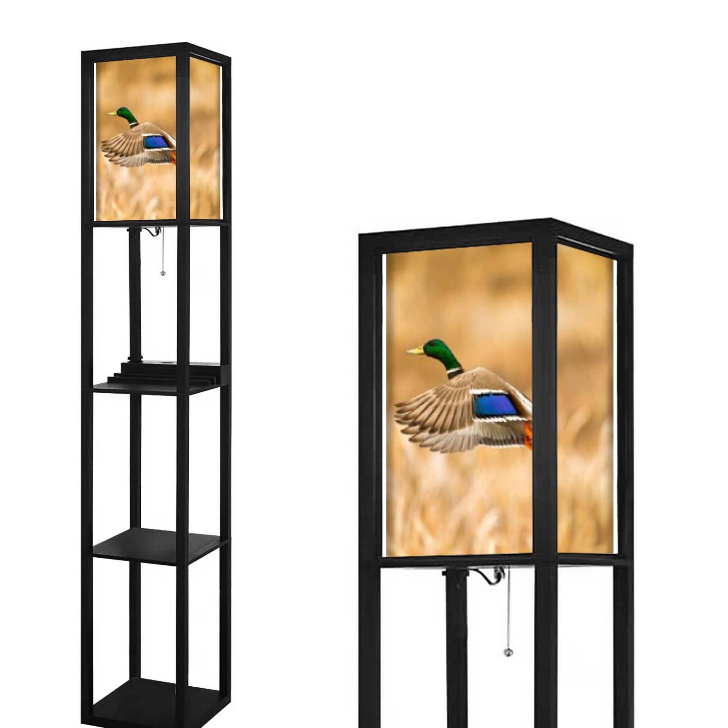 Modern Mallard Duck Floor Lamp with Shelves, USB Port & Outlet - Adjustable Linen Lampshade Corner Standing Lamp for Living Room, Bedroom & Office - Tall LED Floor Light with Storage Space for Home Decor